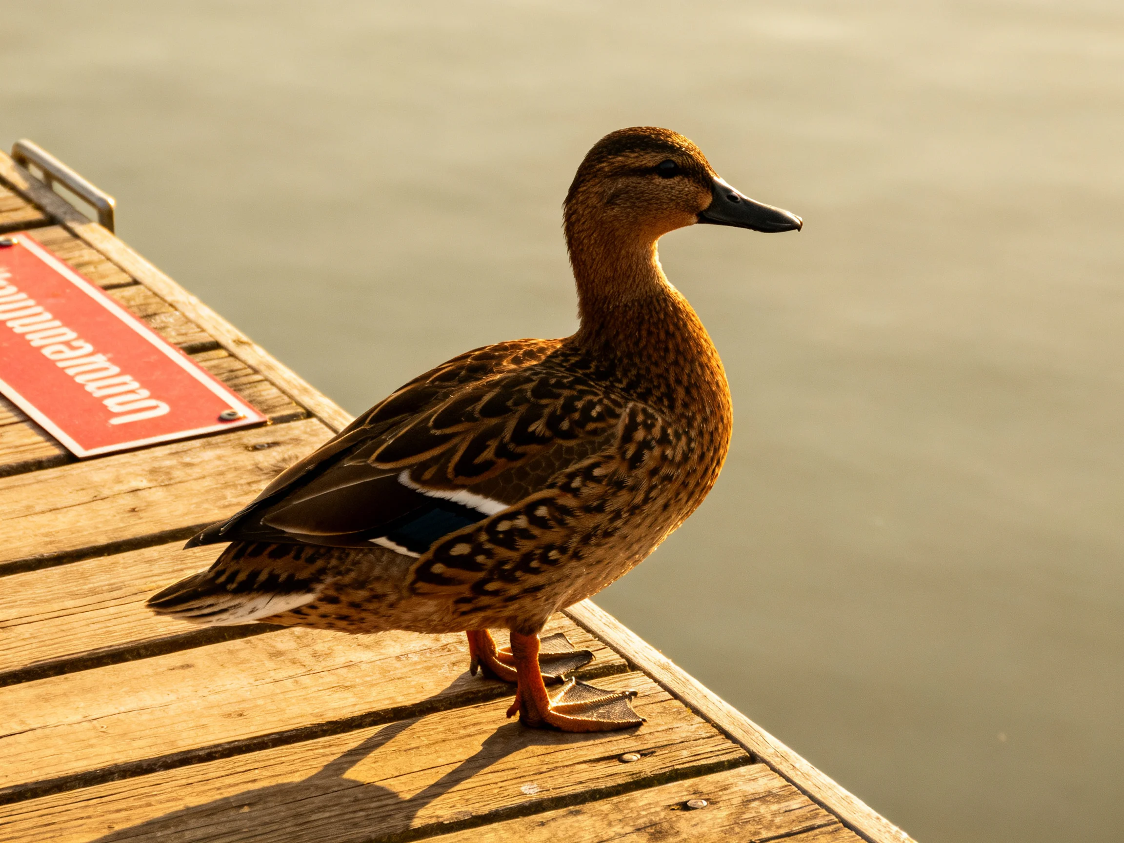 A brown duck stands on a wooden dock near calm water
