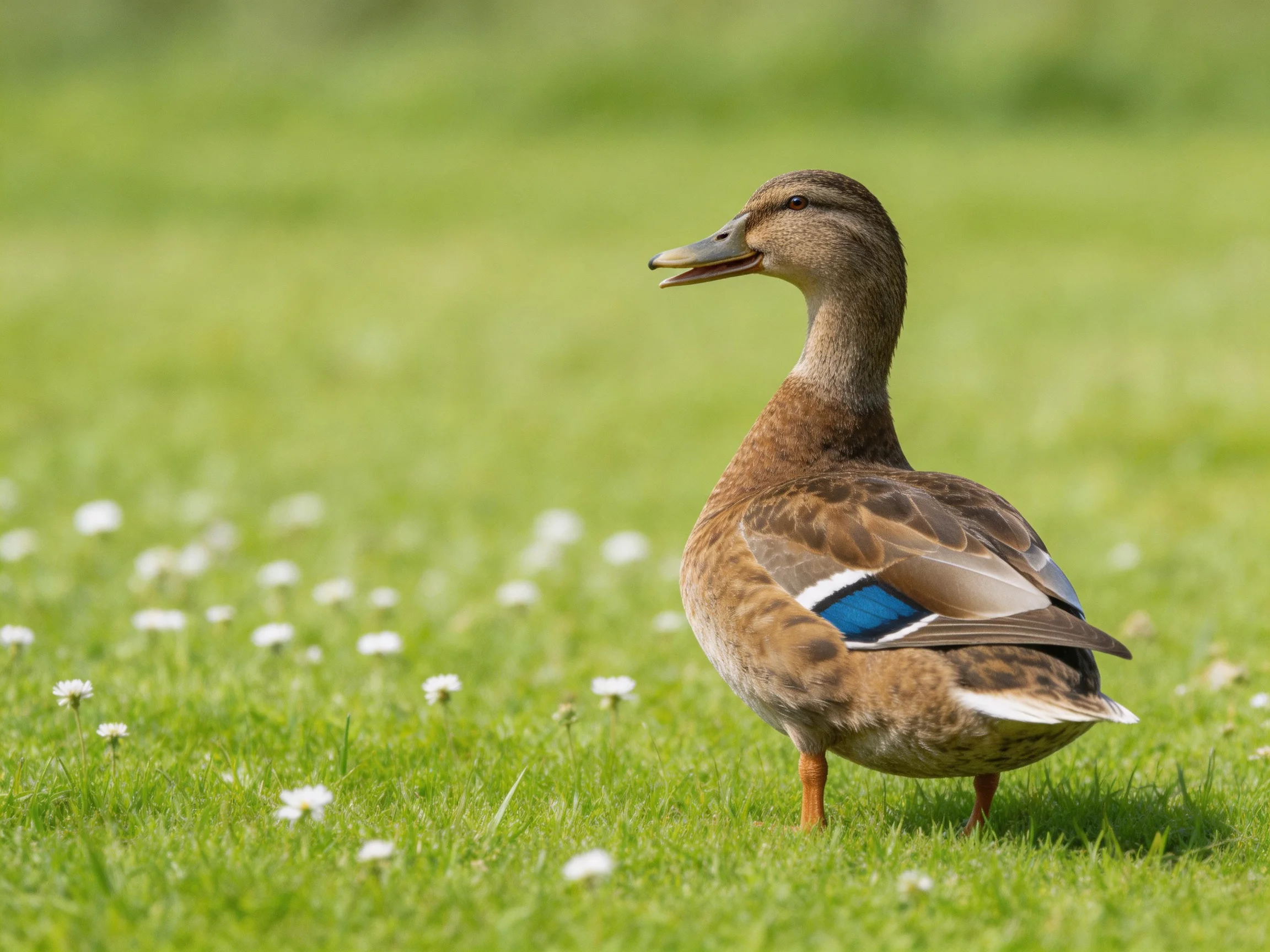 A brown duck stands on lush green grass with small white flowers