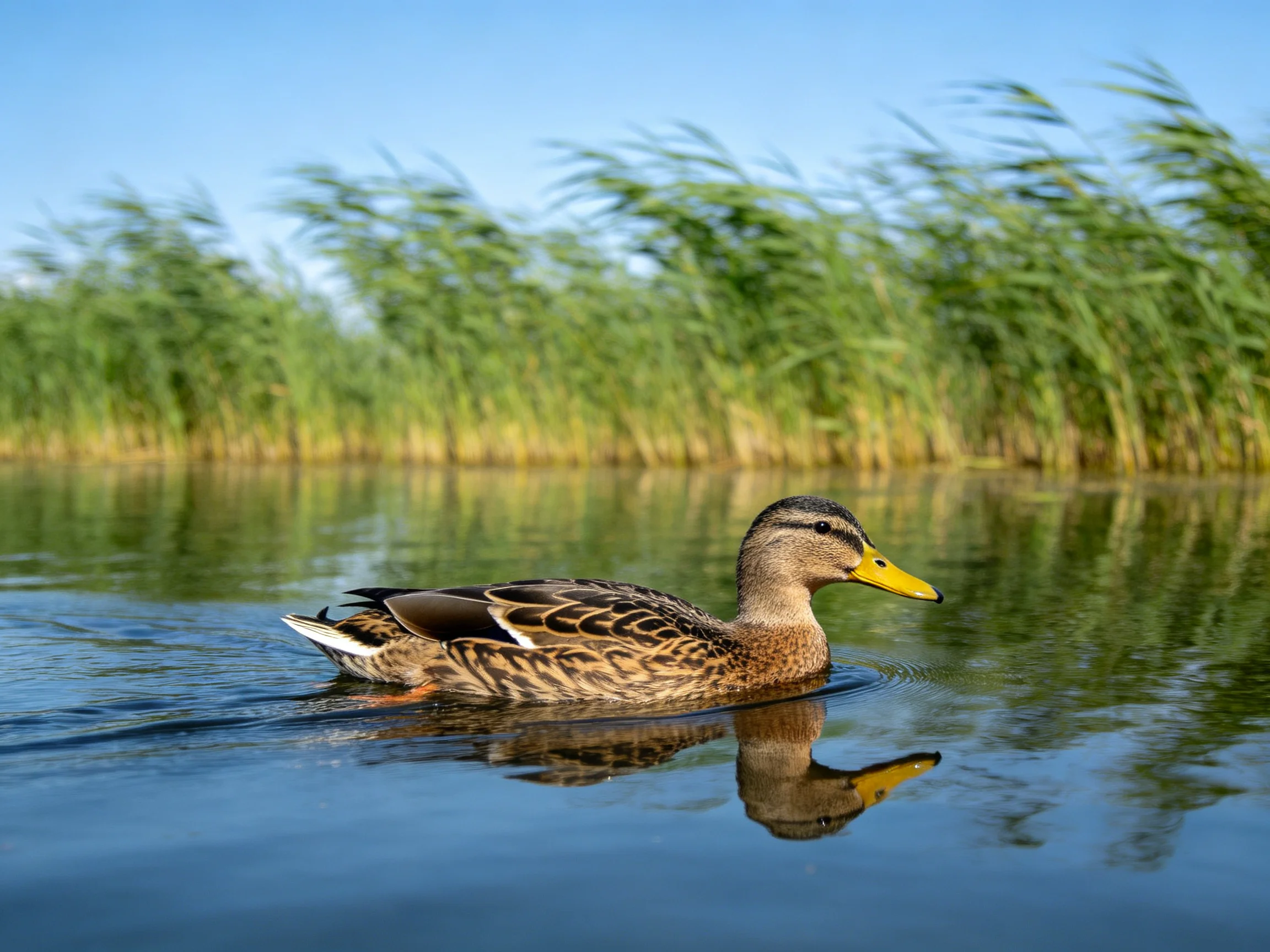 A brown duck swims in calm blue water near tall green reeds