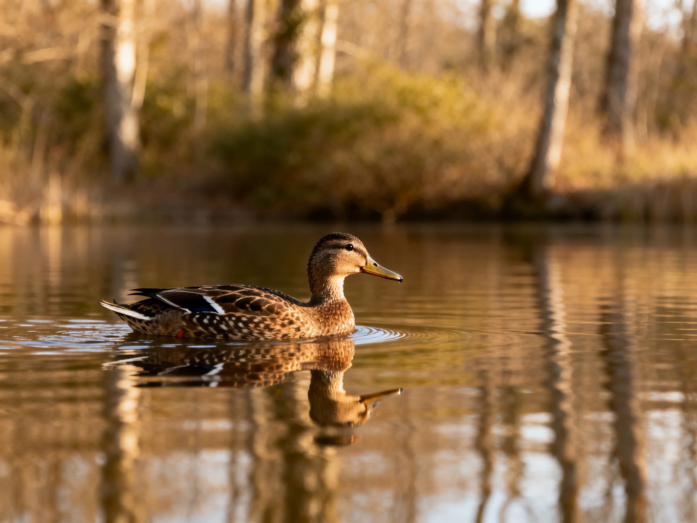 A brown duck swims in calm water near autumnal trees