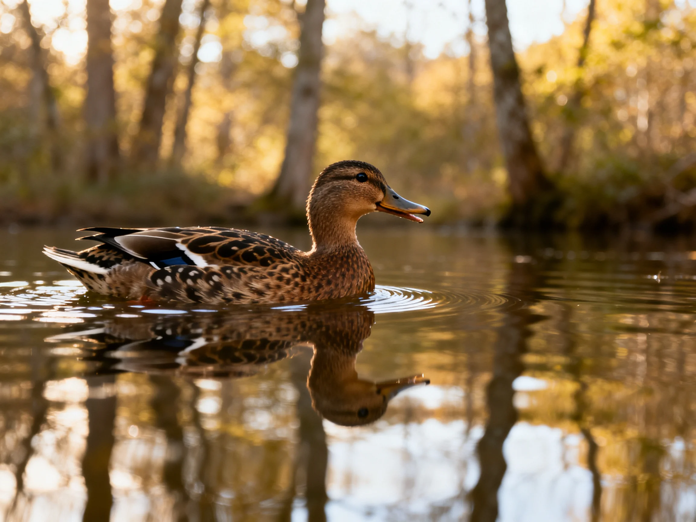 A brown duck swims in calm water near golden-tinted trees