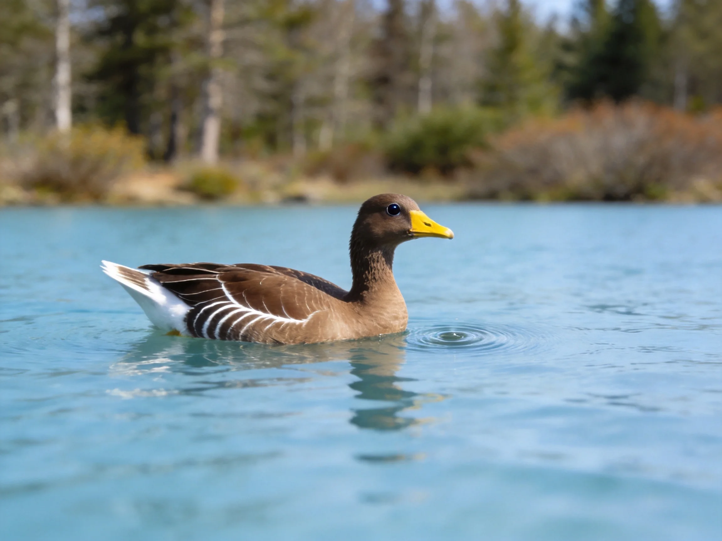 A brown duck swims in clear blue water near forested shore