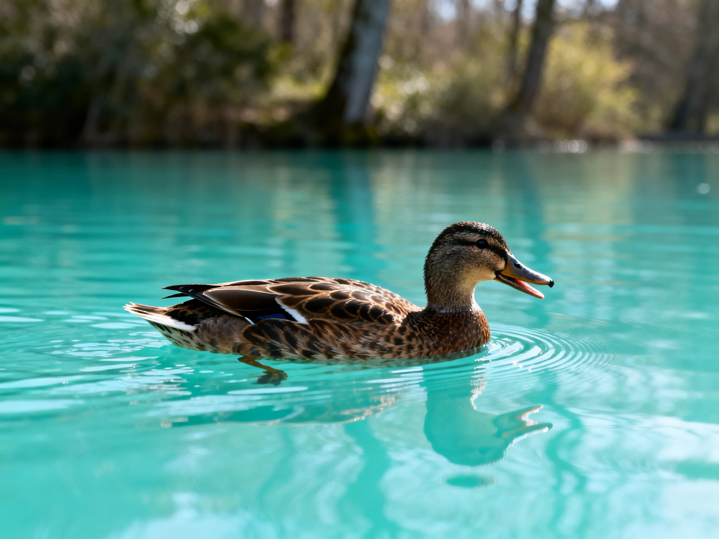 A brown duck swims in clear turquoise water near trees