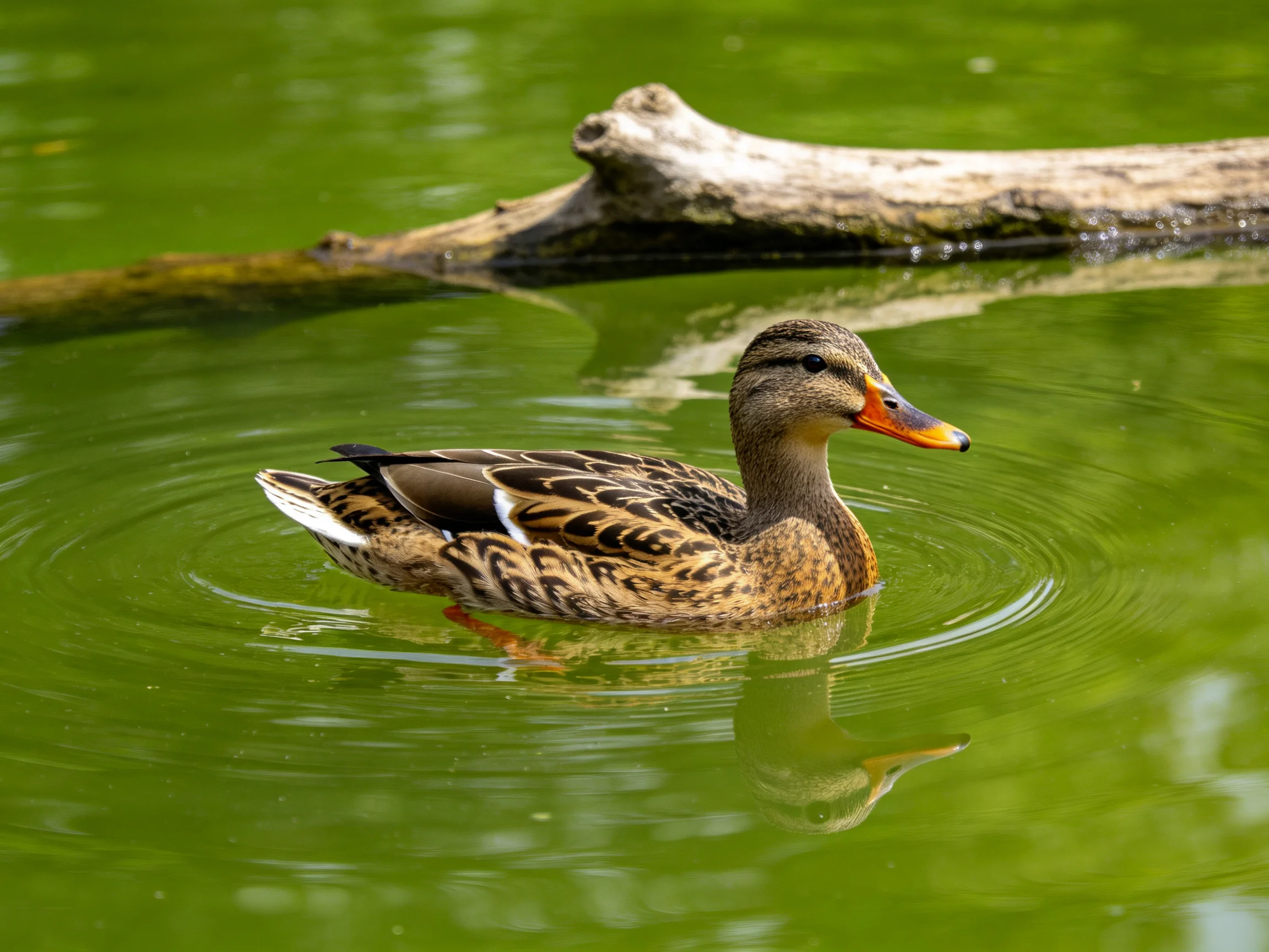 A brown duck swims in green water near a weathered log
