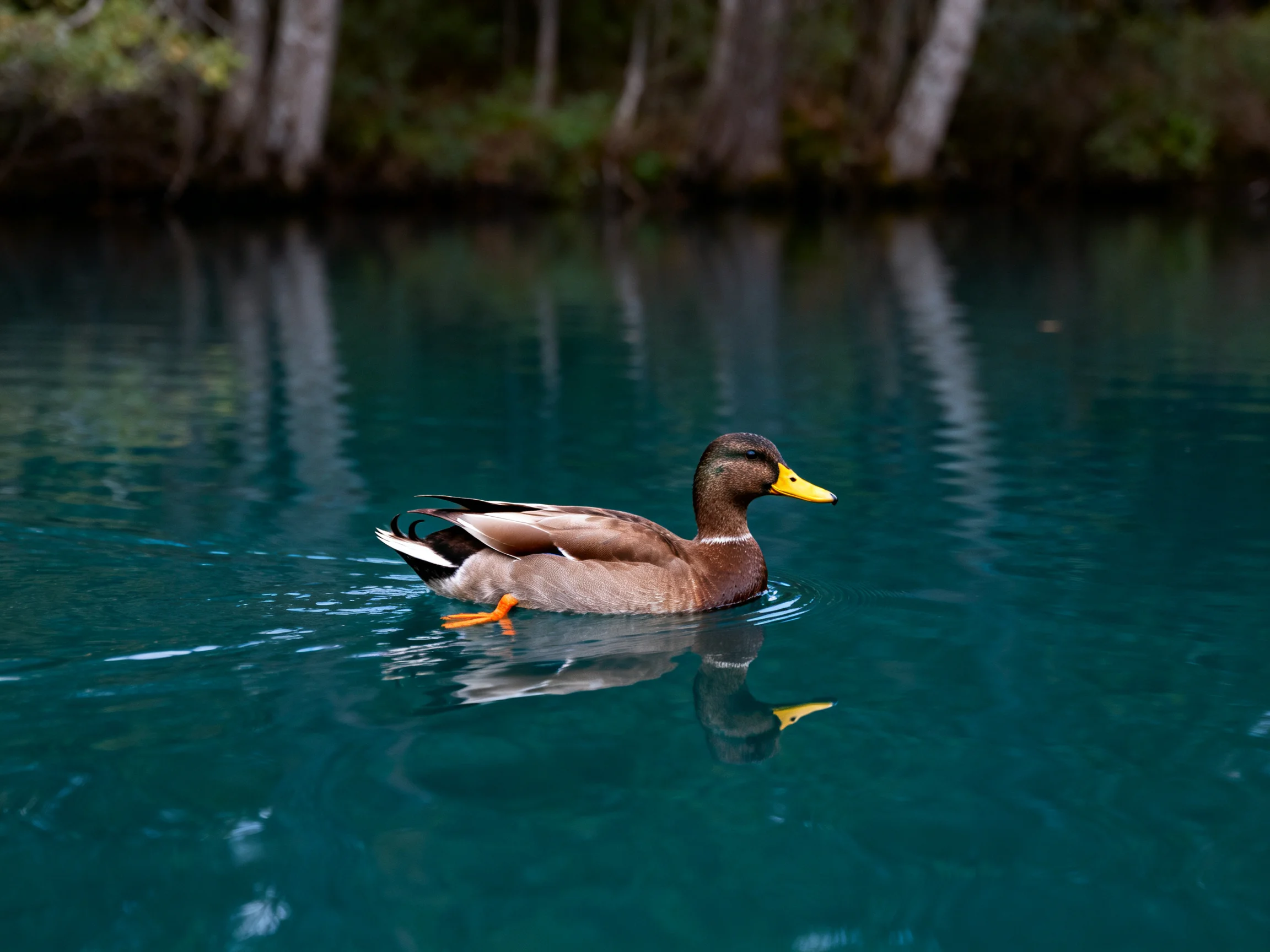 A brown duck swims in turquoise water near forested shoreline