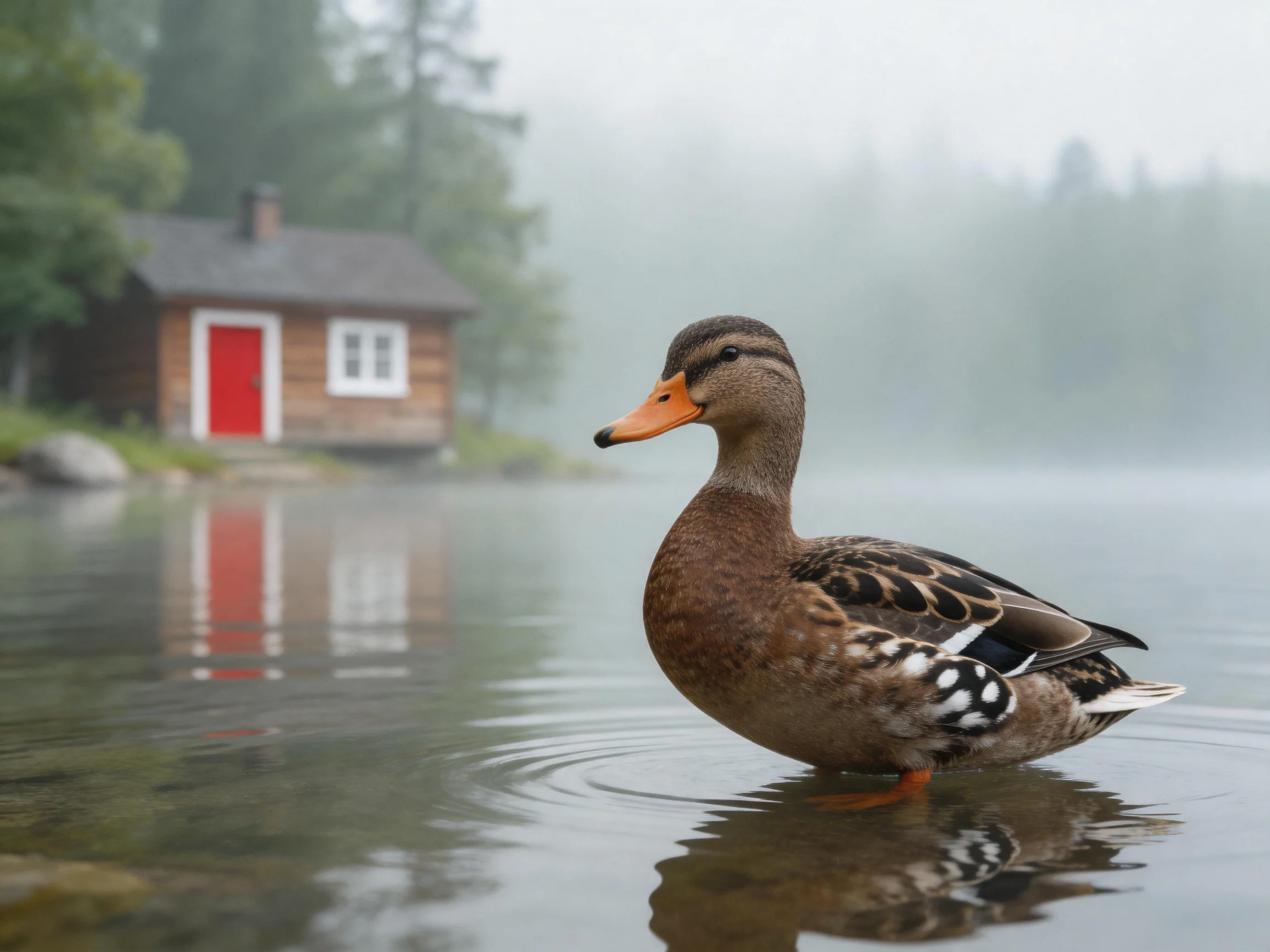 A brown duck swims near a wooden cabin with a red door by calm waters