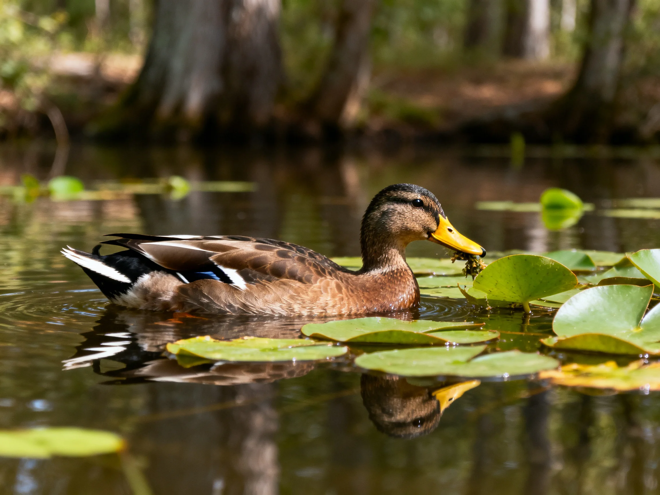A duck swims among lily pads in a forested pond setting