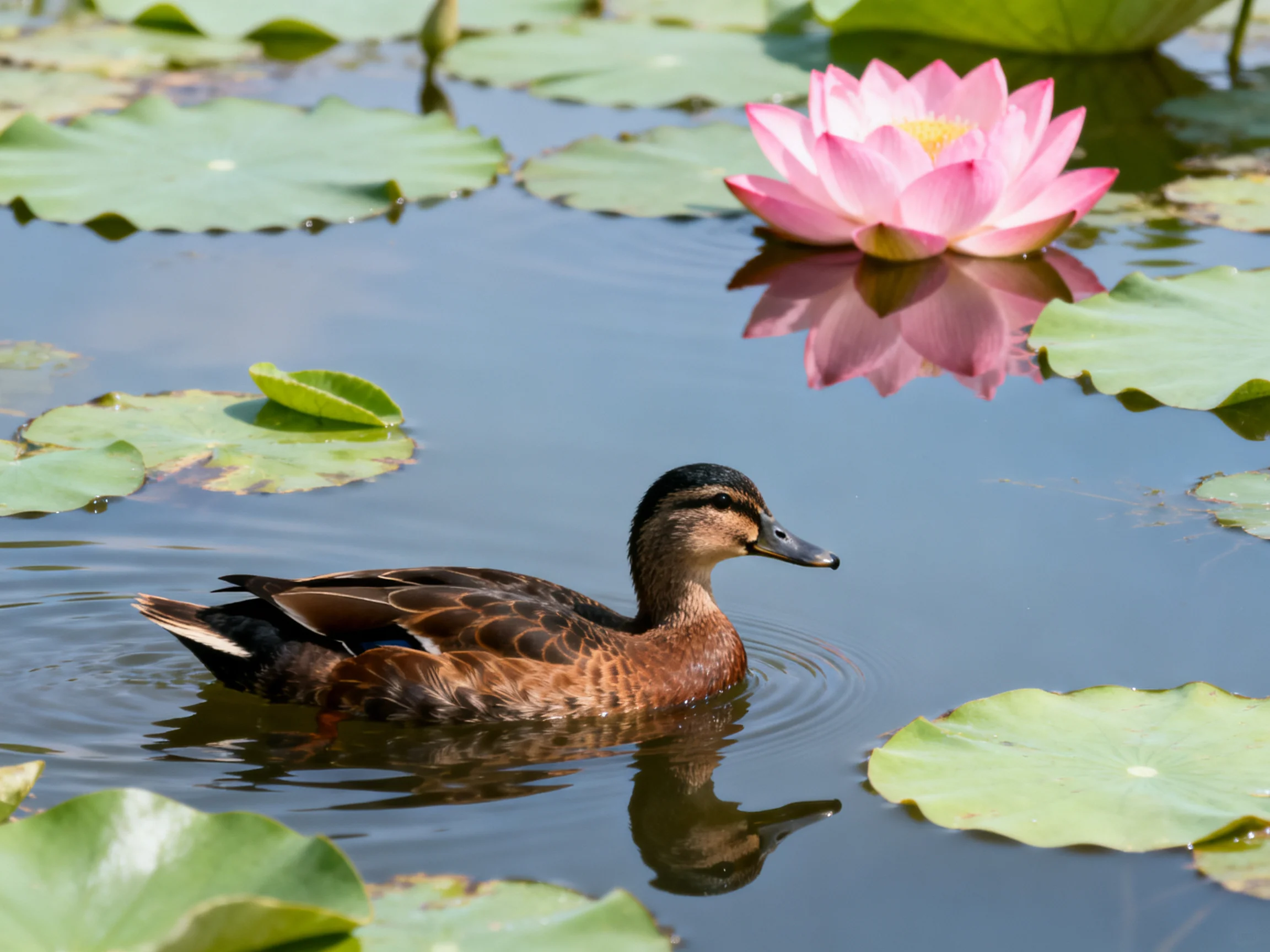 A brown duck swims near pink water lily and green lily pads