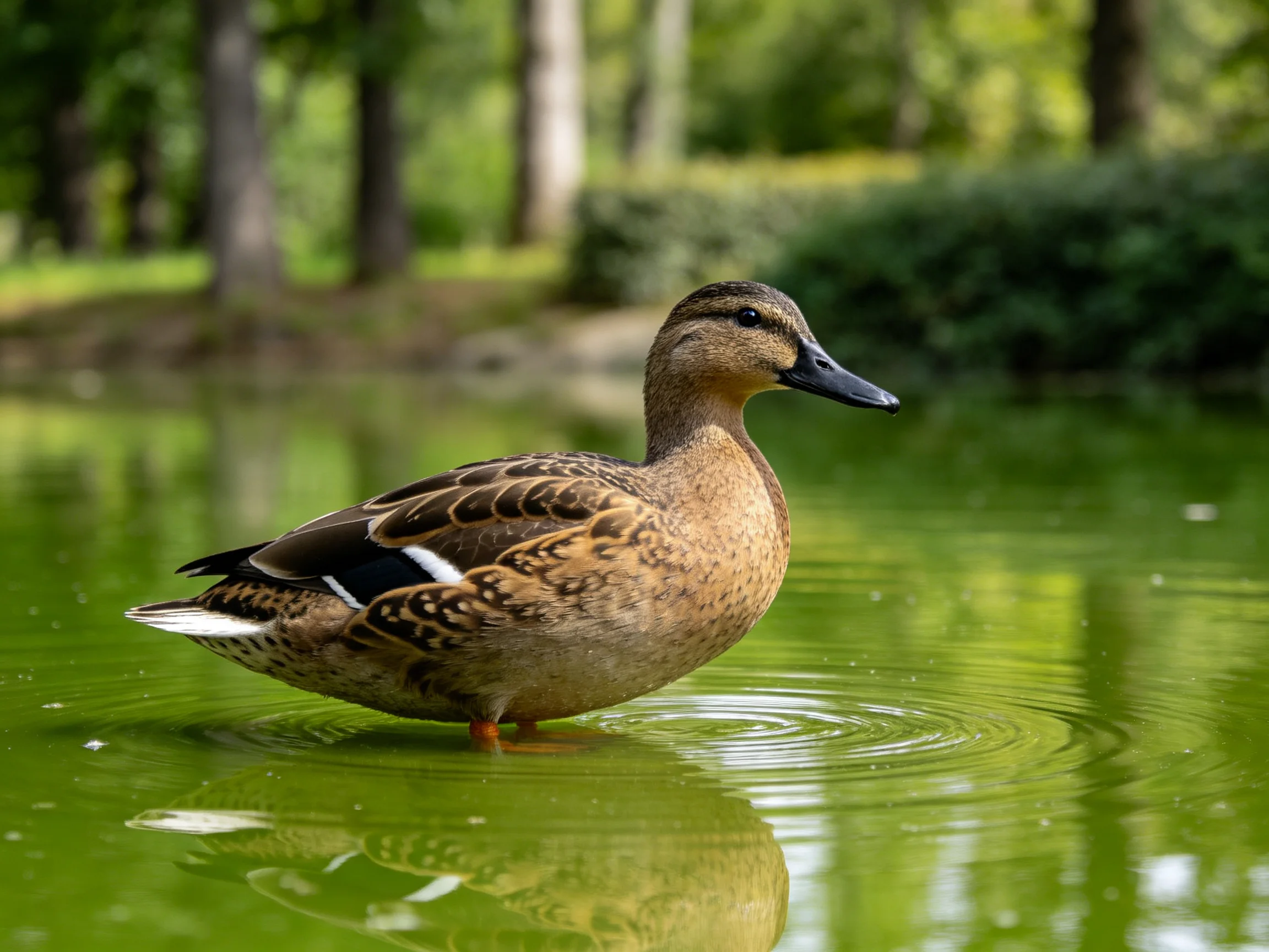 A brown duck wades in calm green water near forested trees