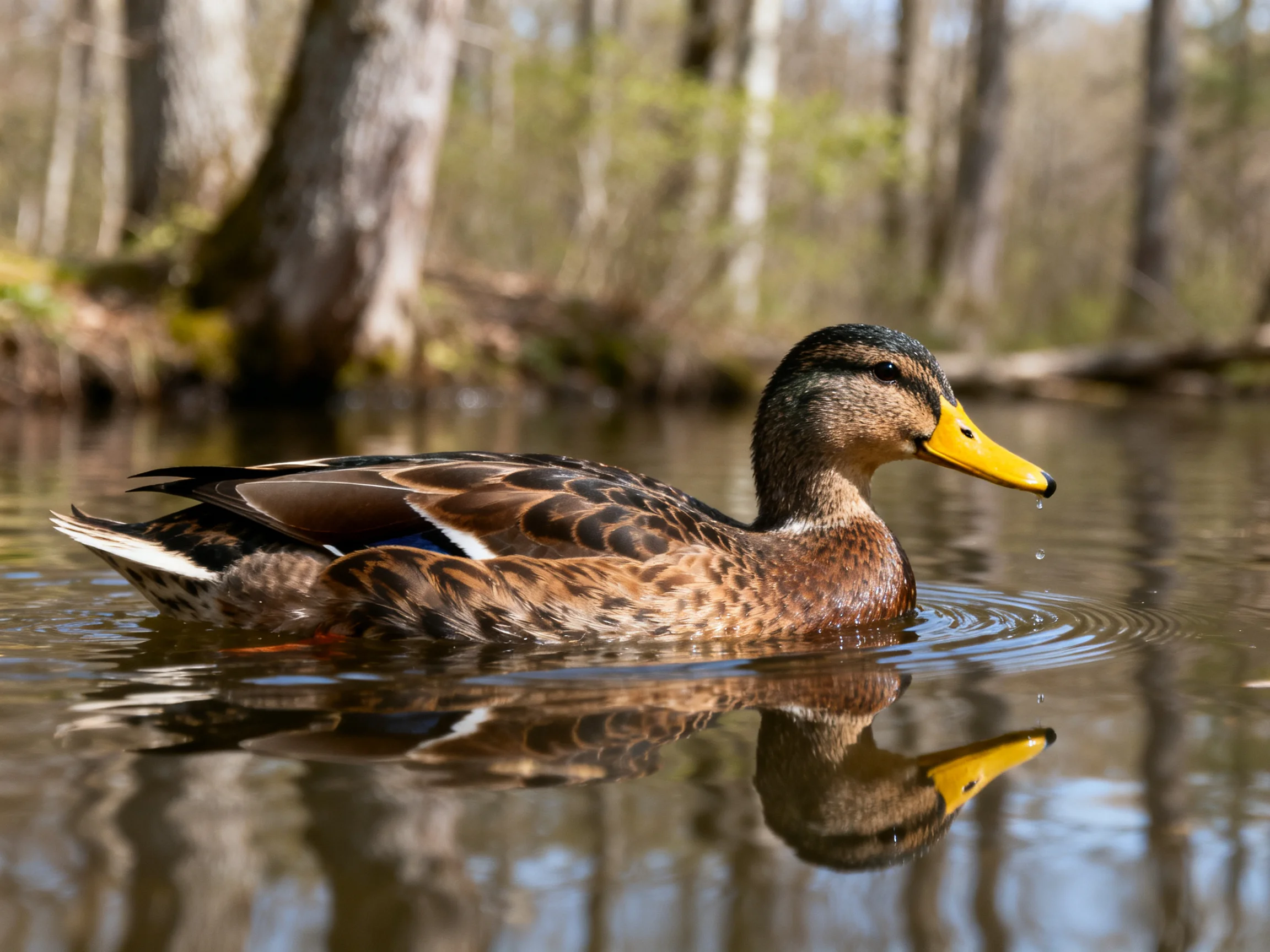 A brown duck with a bright yellow beak swims in calm water near tall trees