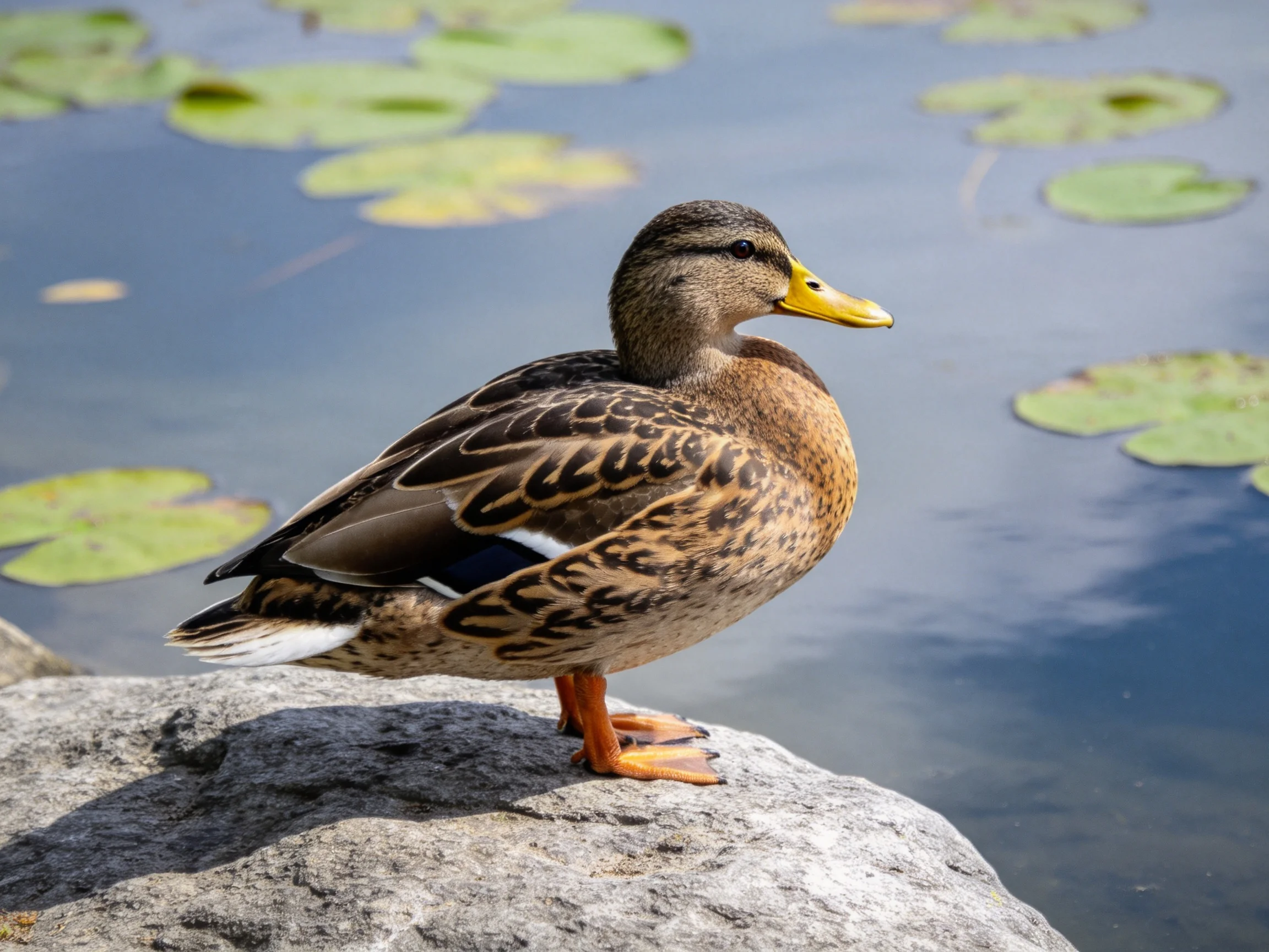A brown duck with a yellow beak perched on a gray rock by calm water
