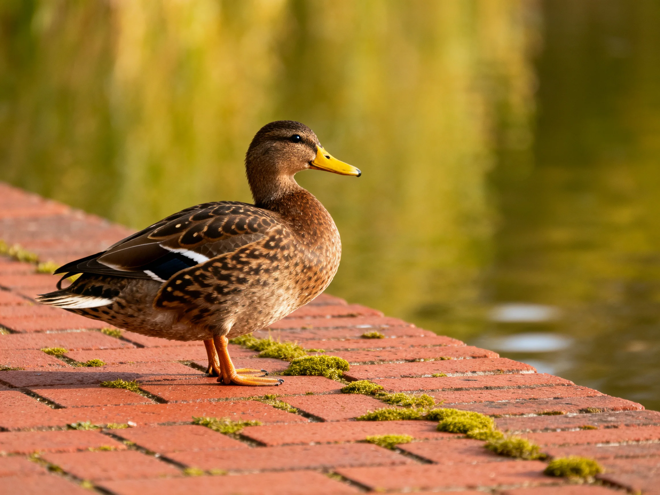 A brown duck with a yellow beak stands on a moss - covered brick path near calm water.