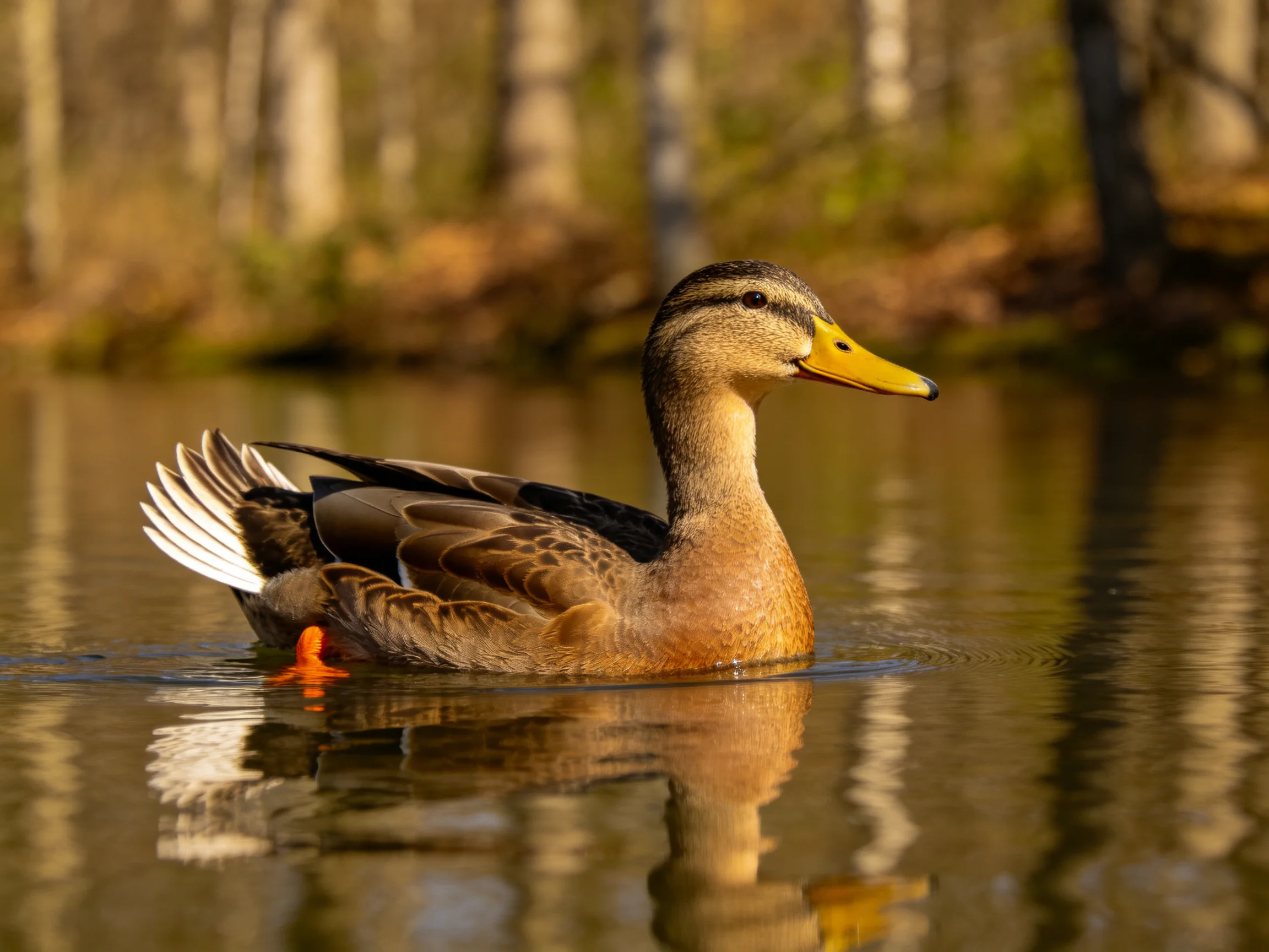A brown duck glides smoothly over still water beside trees.