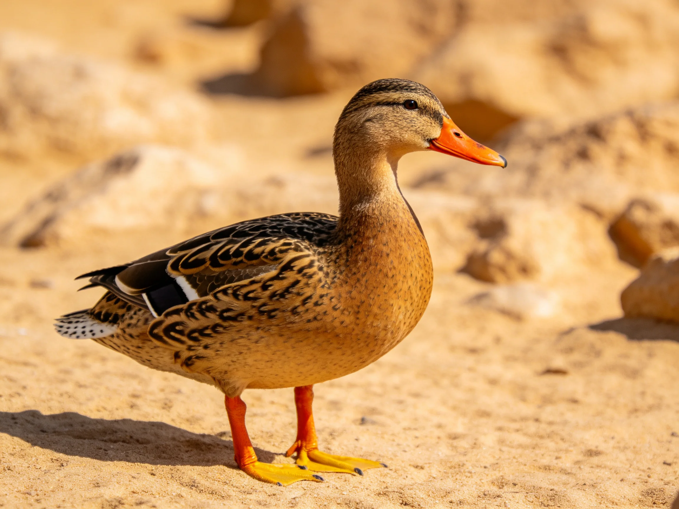 A duck with an orange beak stands on sandy terrain.