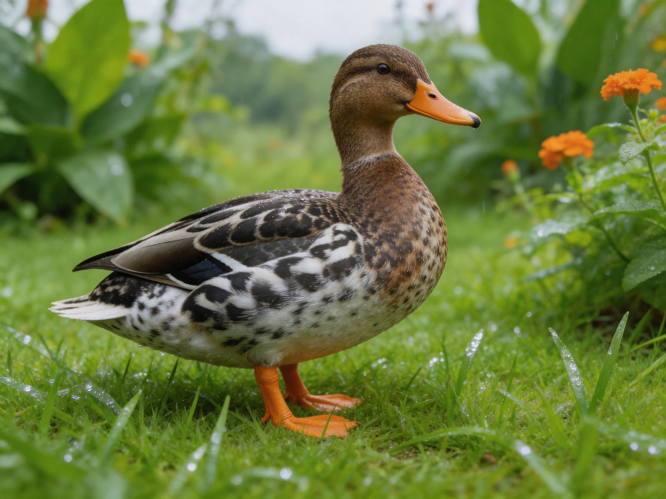 A duck with brown and spotted plumage stands on grass near orange flowers.