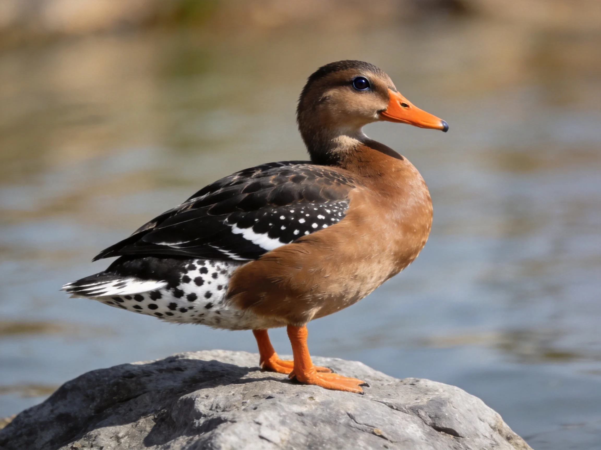 A brown duck with an orange beak perches on a gray rock by calm water