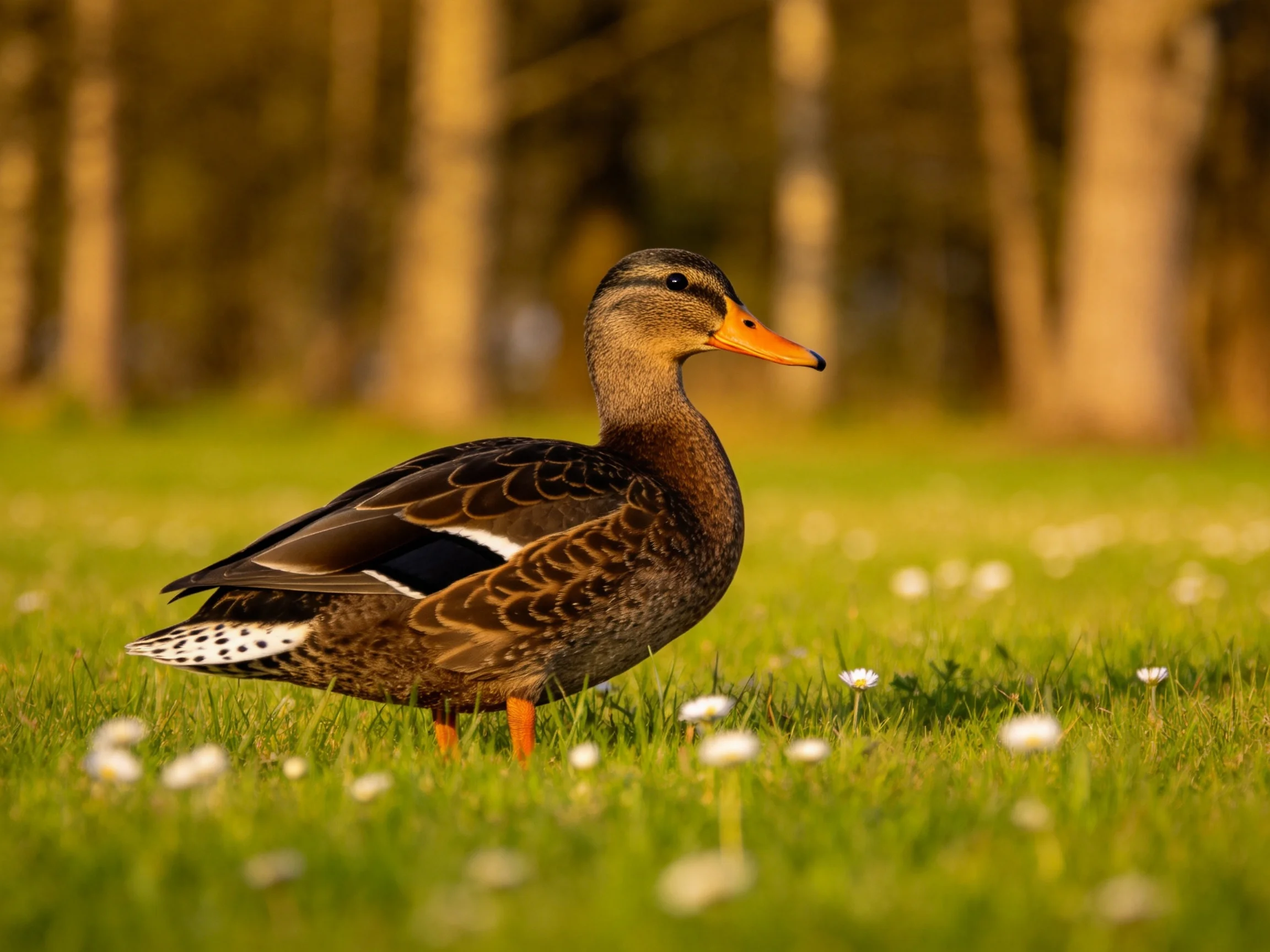A brown duck with an orange beak stands on green grass near tall trees