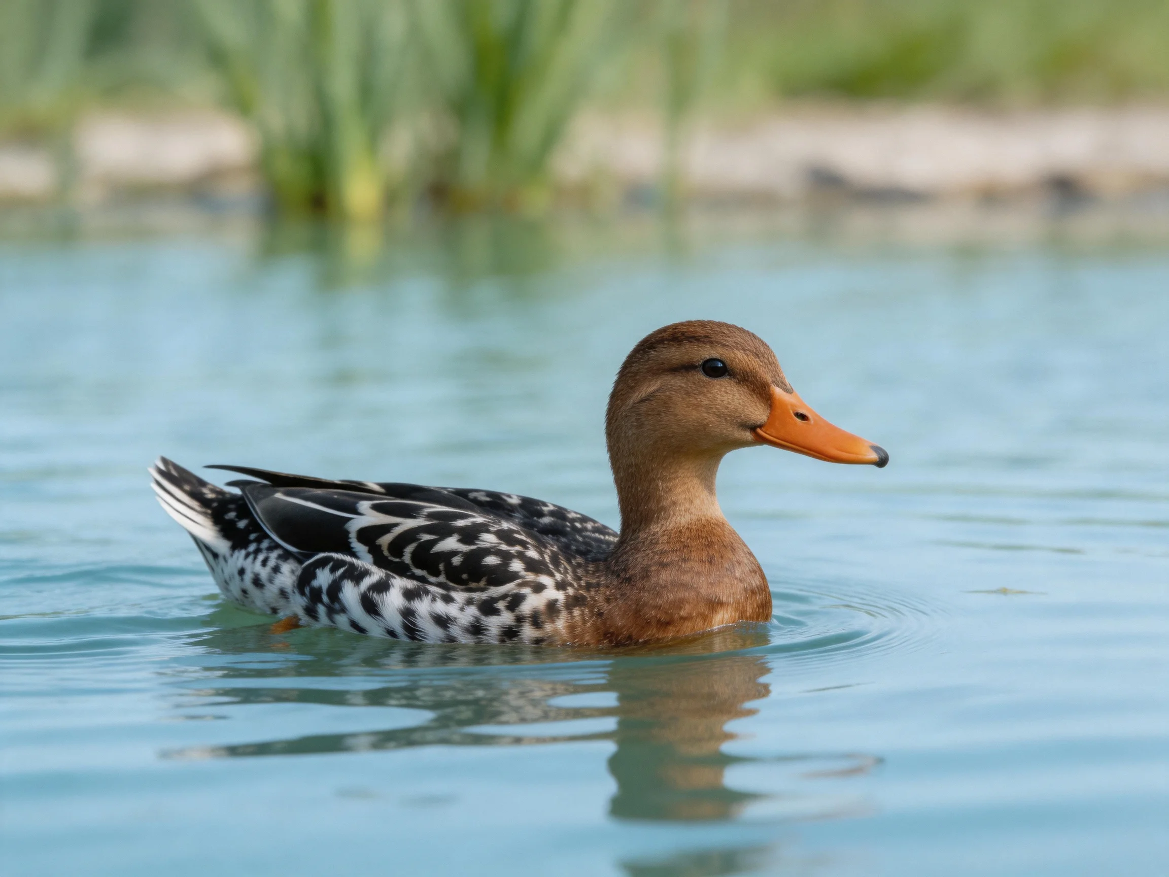 A brown duck with an orange beak swims in calm blue water