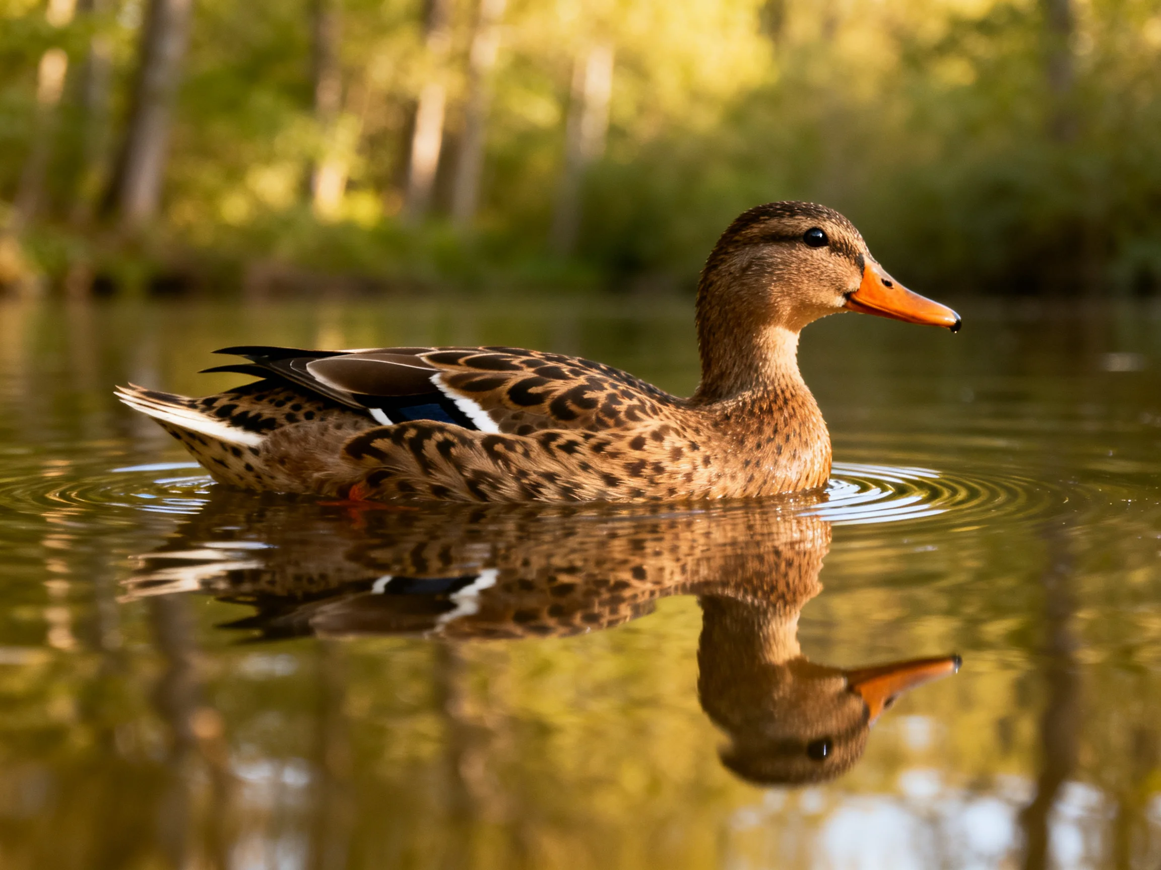 A brown duck swims in calm water with its reflection visible.