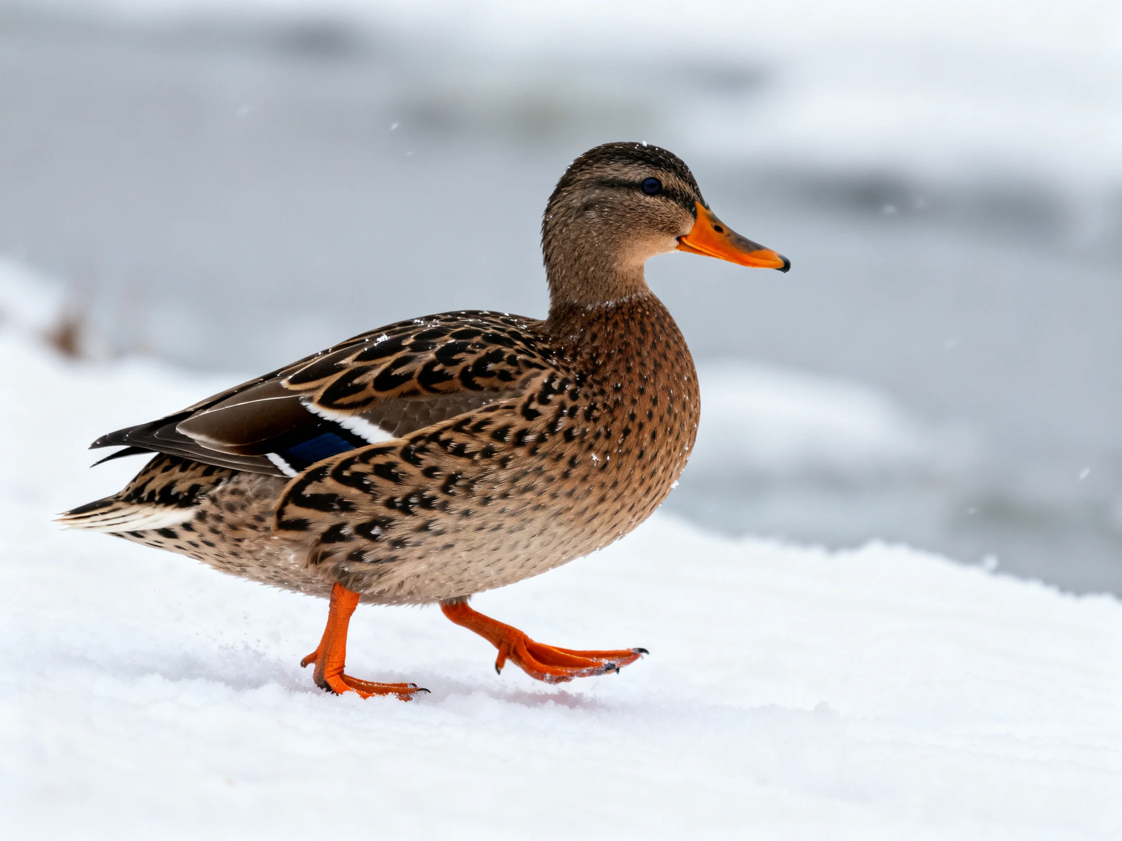 A brown duck with an orange beak walks on snowy terrain
