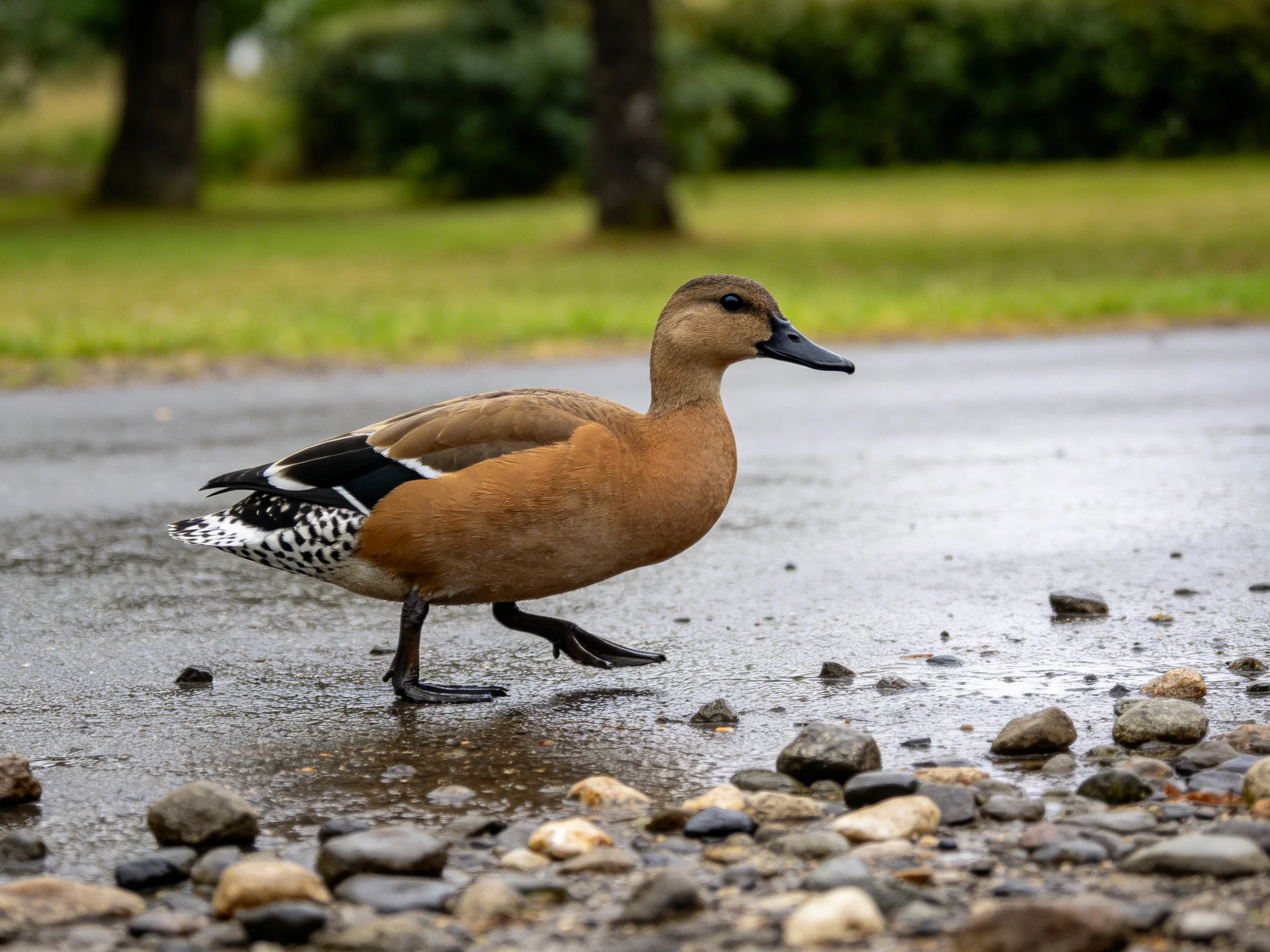 A brown duck with distinctive wing patterns crosses wet pavement near rocks
