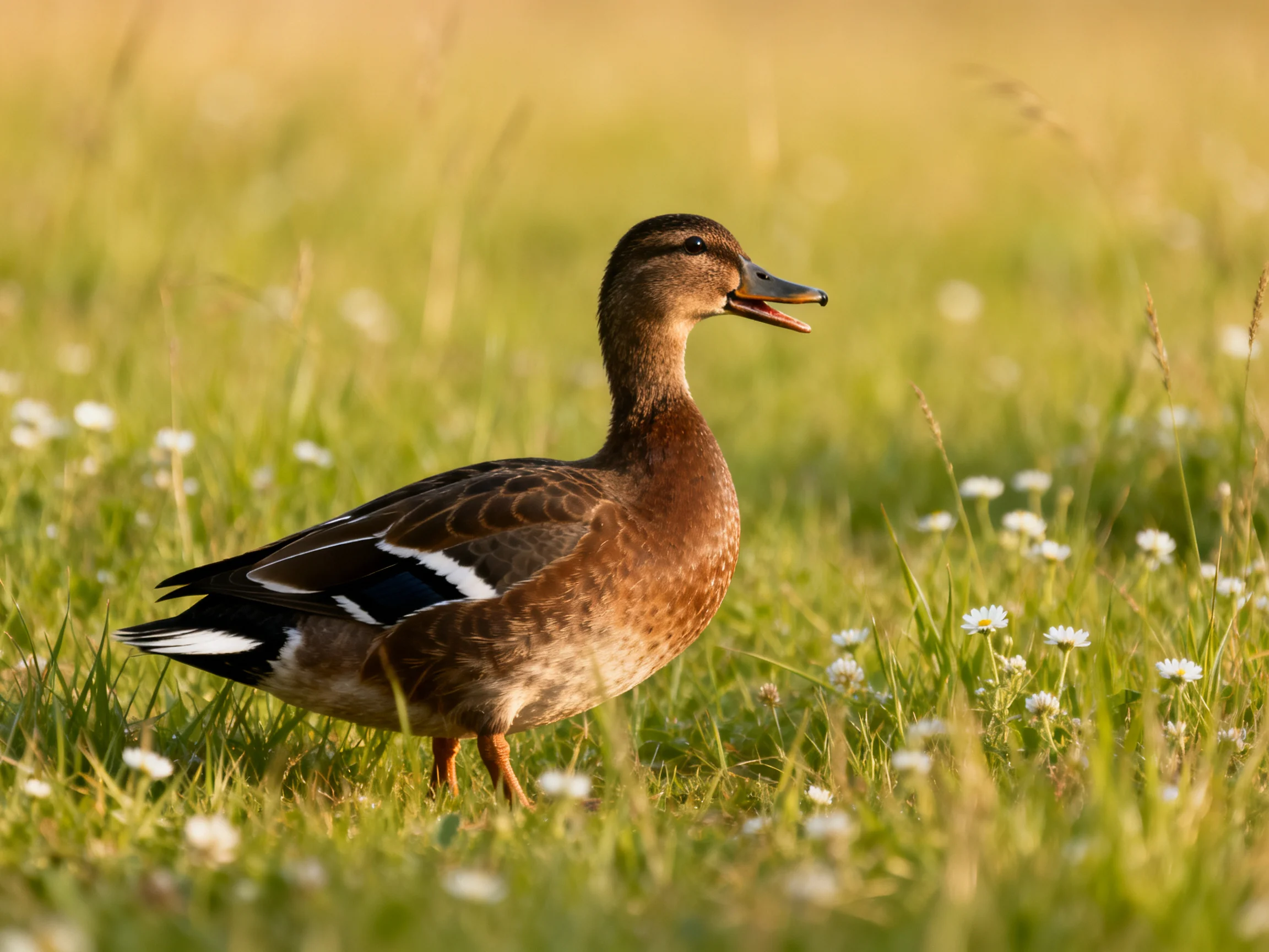 A brown duck with black and white wing markings is in a sunlit meadow with white flowers.