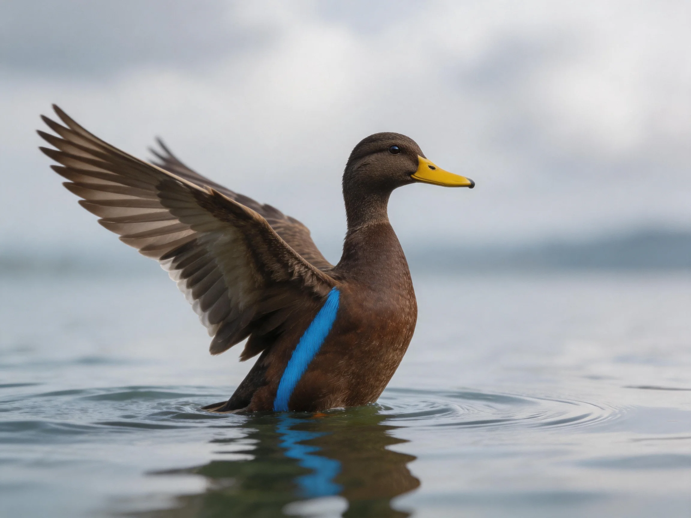 A brown duck with blue wing marking flaps wings in calm water