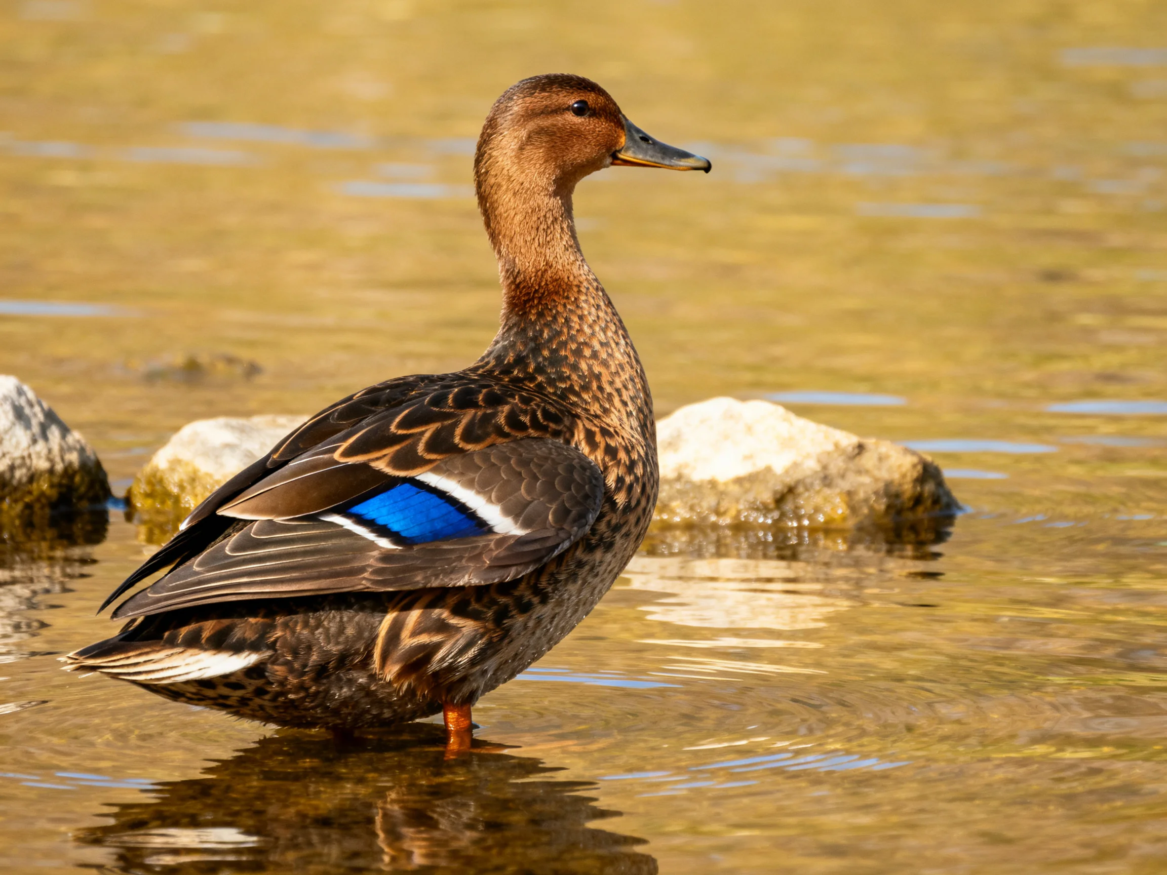 A brown duck with blue wing markings stands in shallow water near rocks