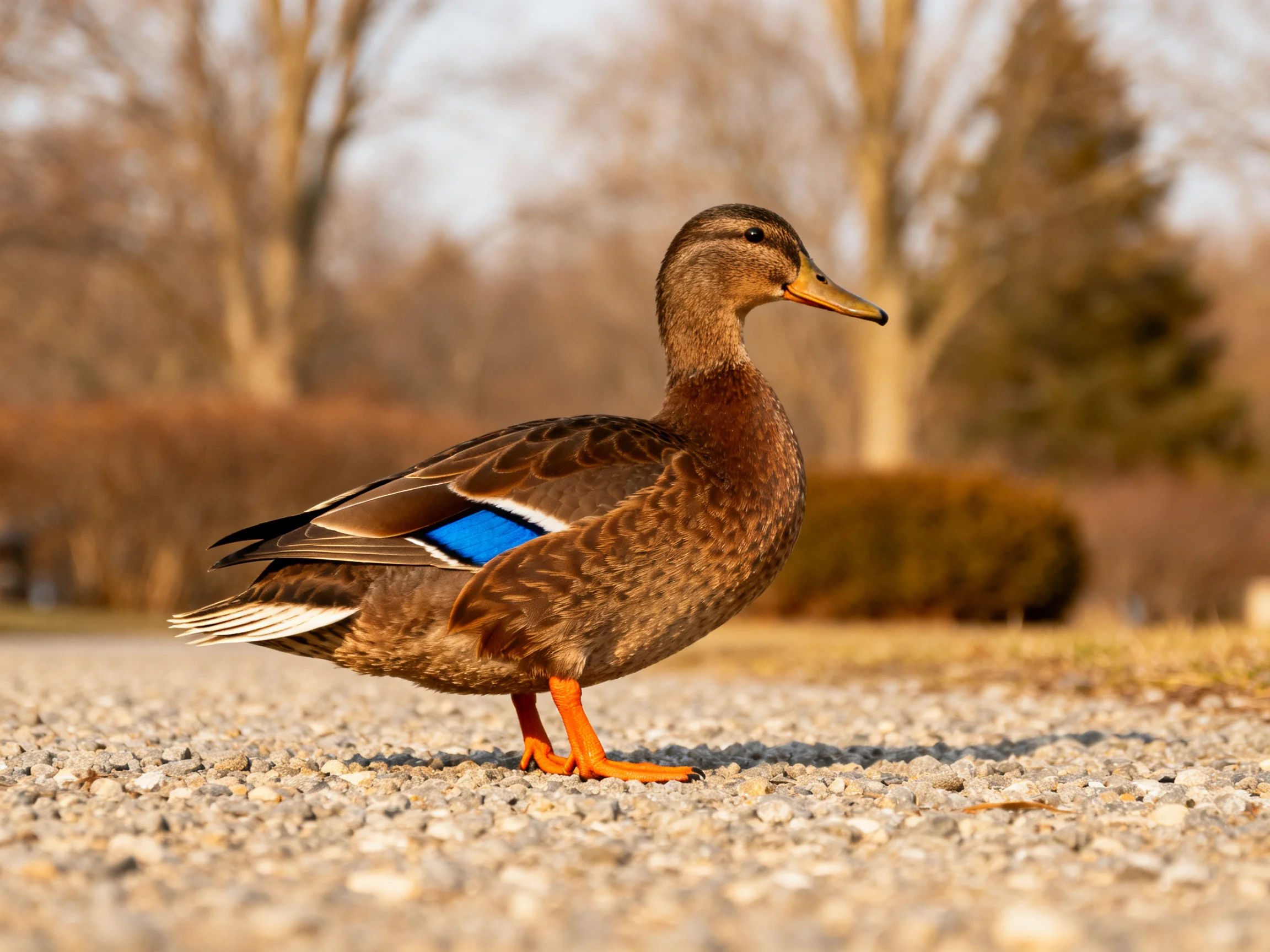 A brown duck with blue wing patch stands on gravel near trees
