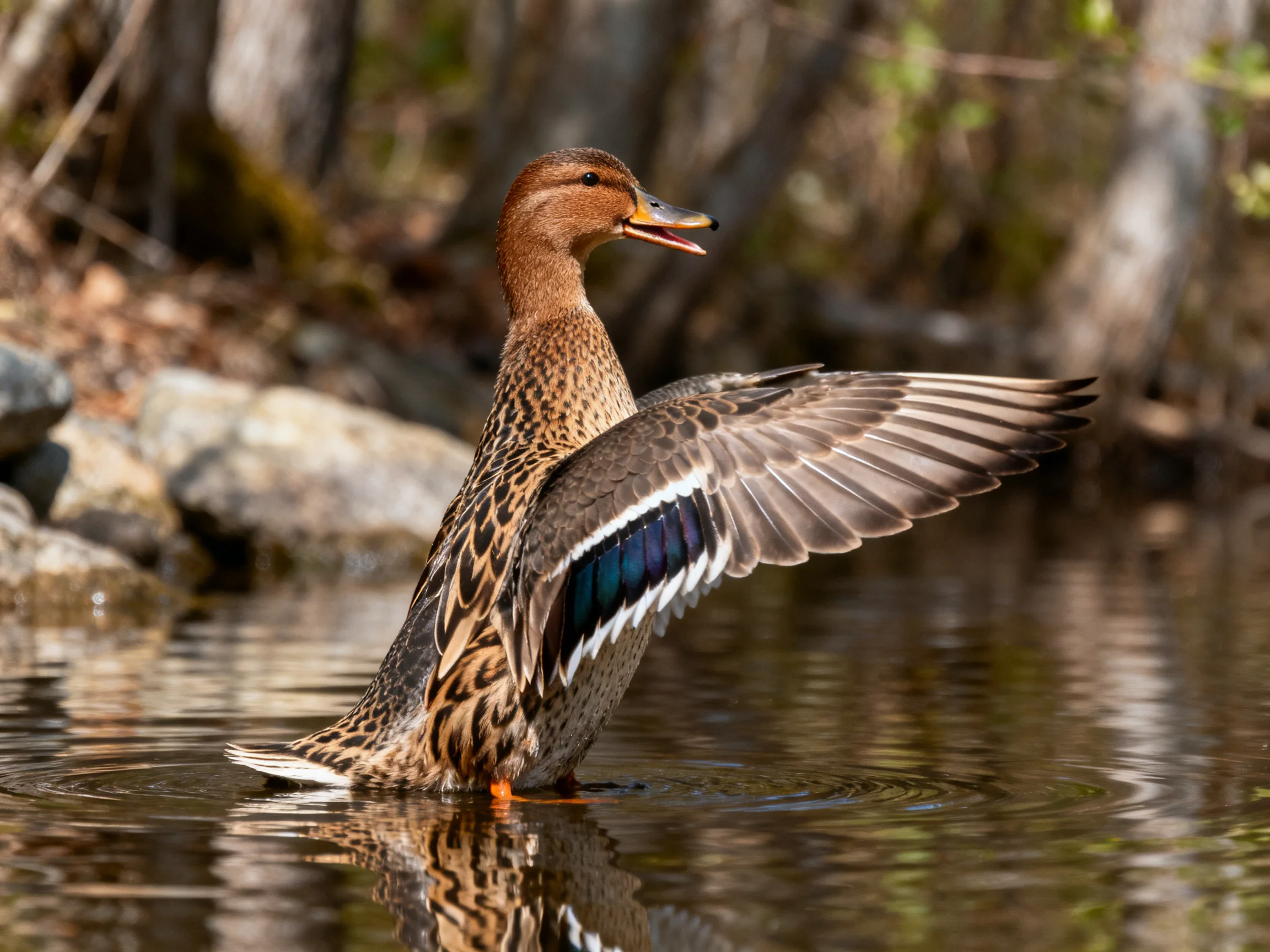 A brown duck with blue wing patches flaps wings in calm water near rocks