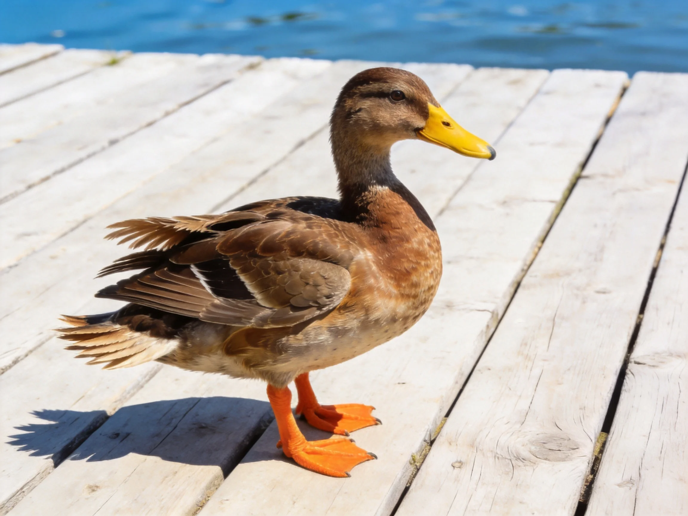 A brown duck stands on a white wooden dock near water.