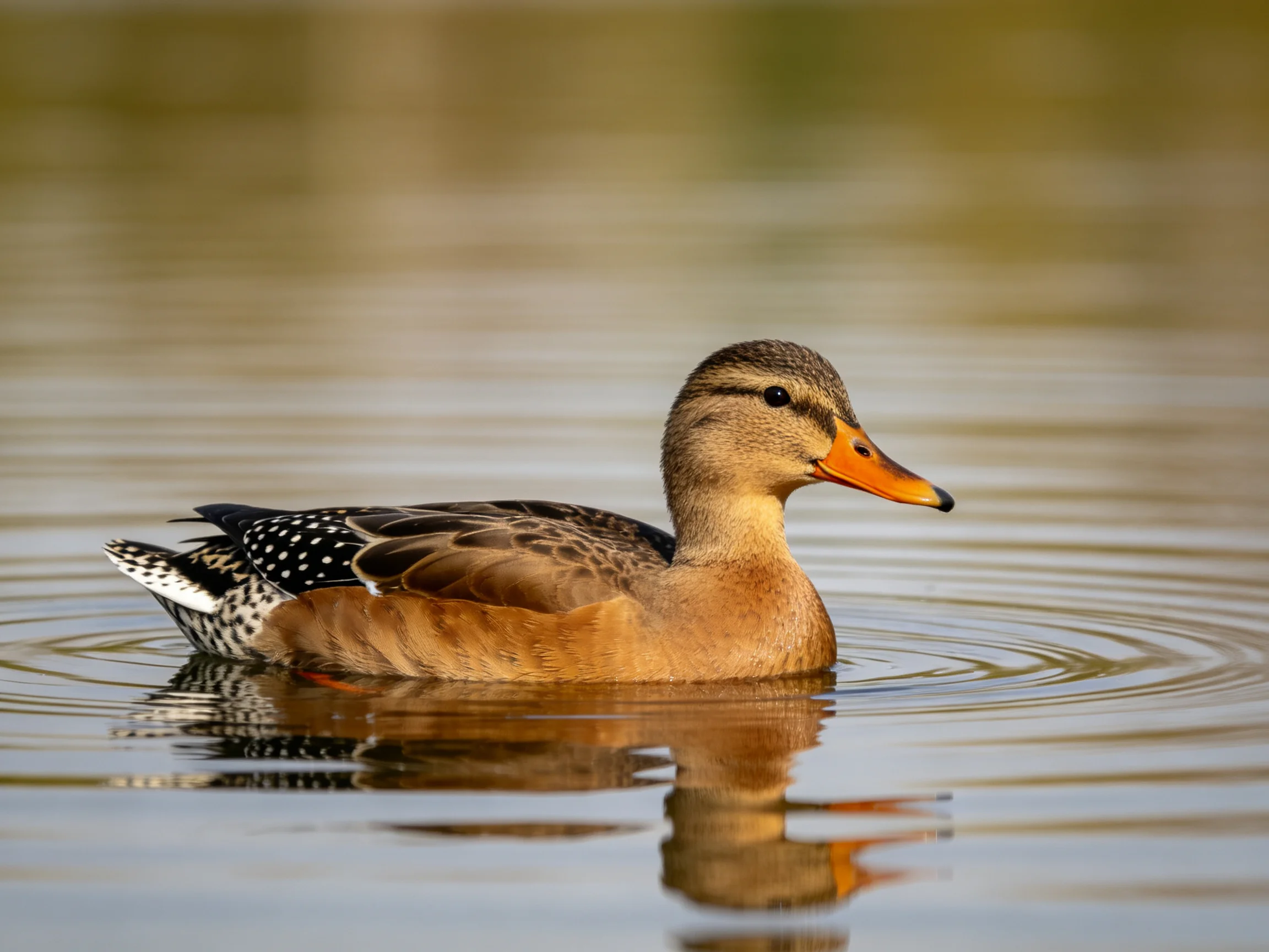 An orange-beaked duck floats on calm water.