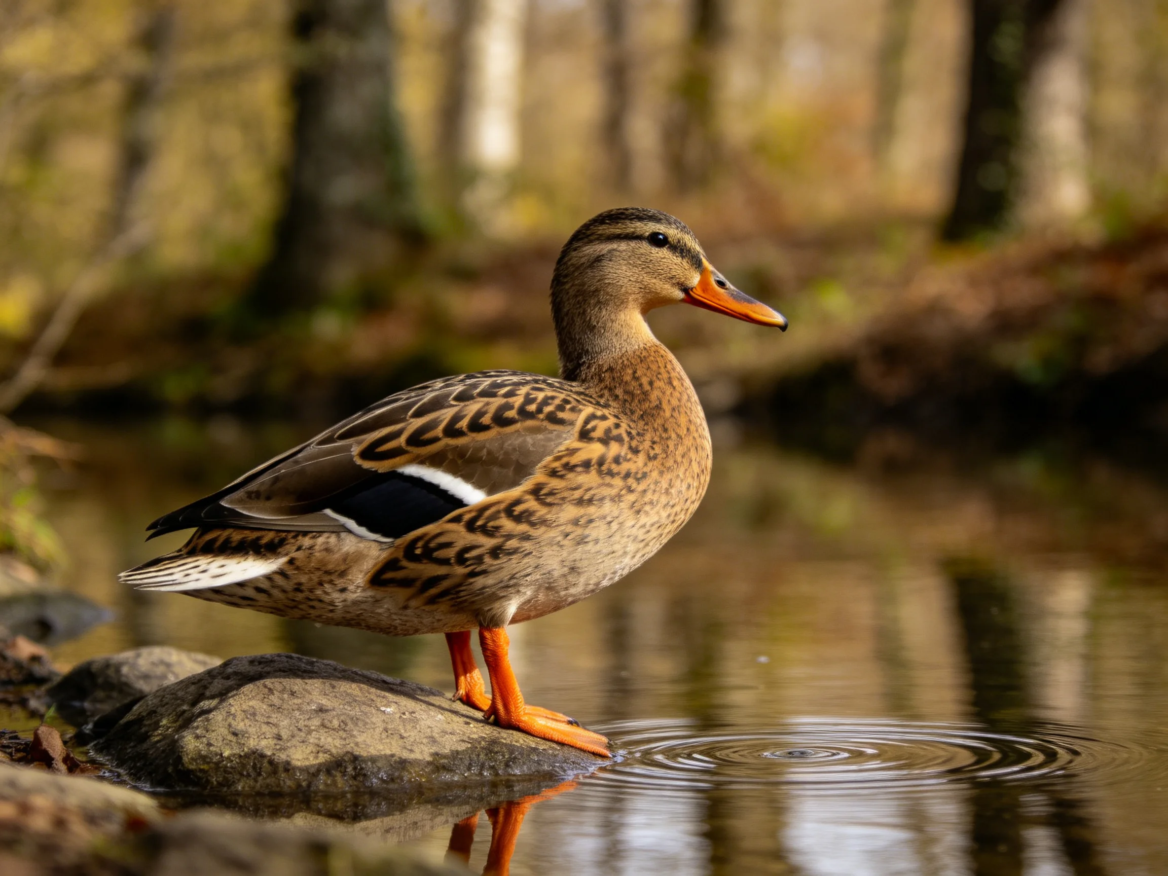 A duck with an orange beak stands on a rock next to still water.
