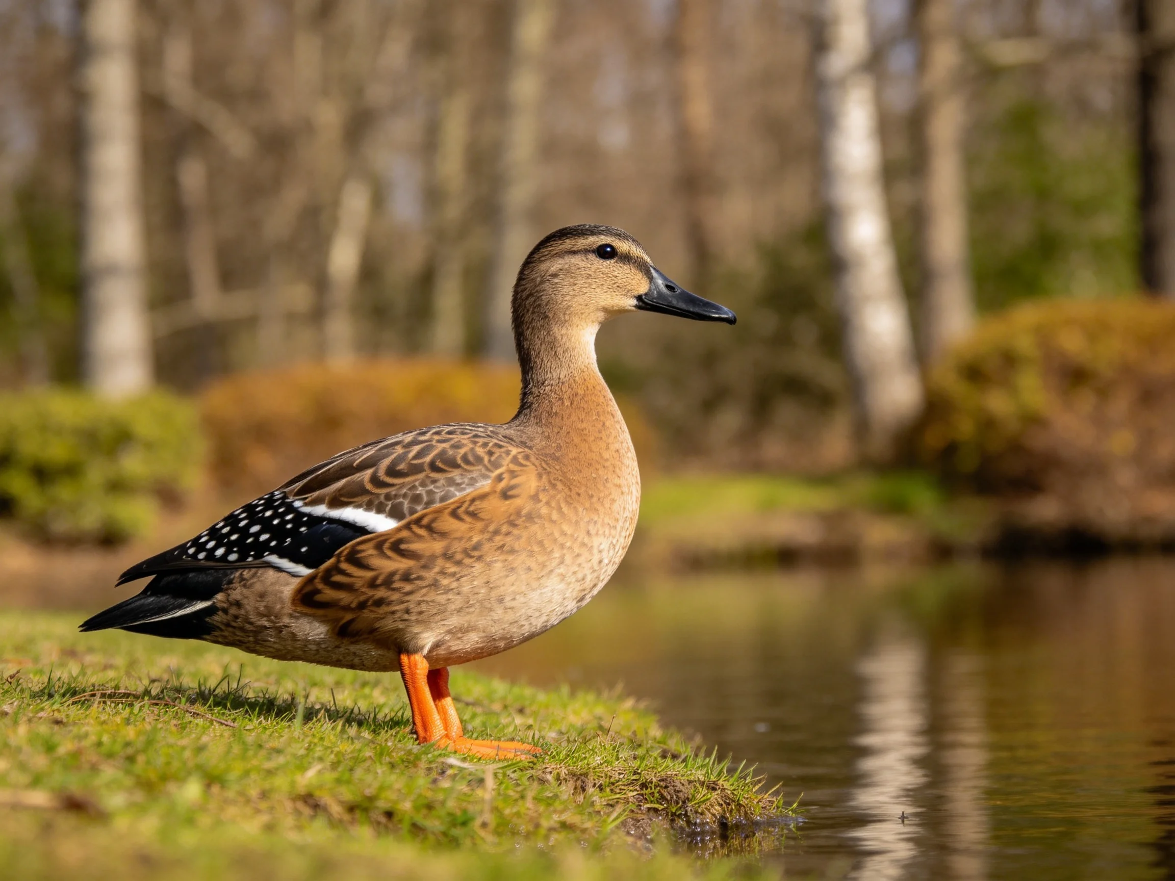 A brown duck with orange legs stands by a calm pond in a wooded area.