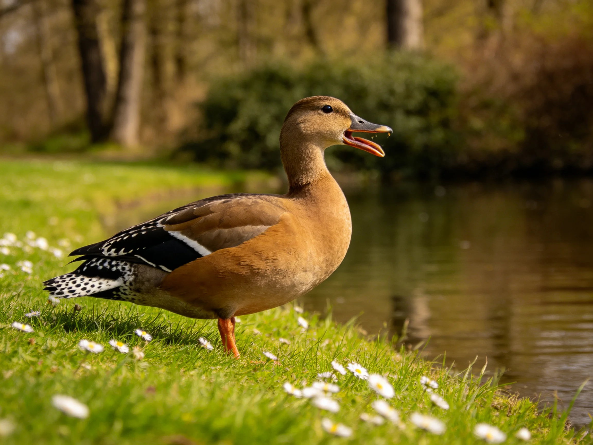 A brown duck with patterned wings near a calm pond