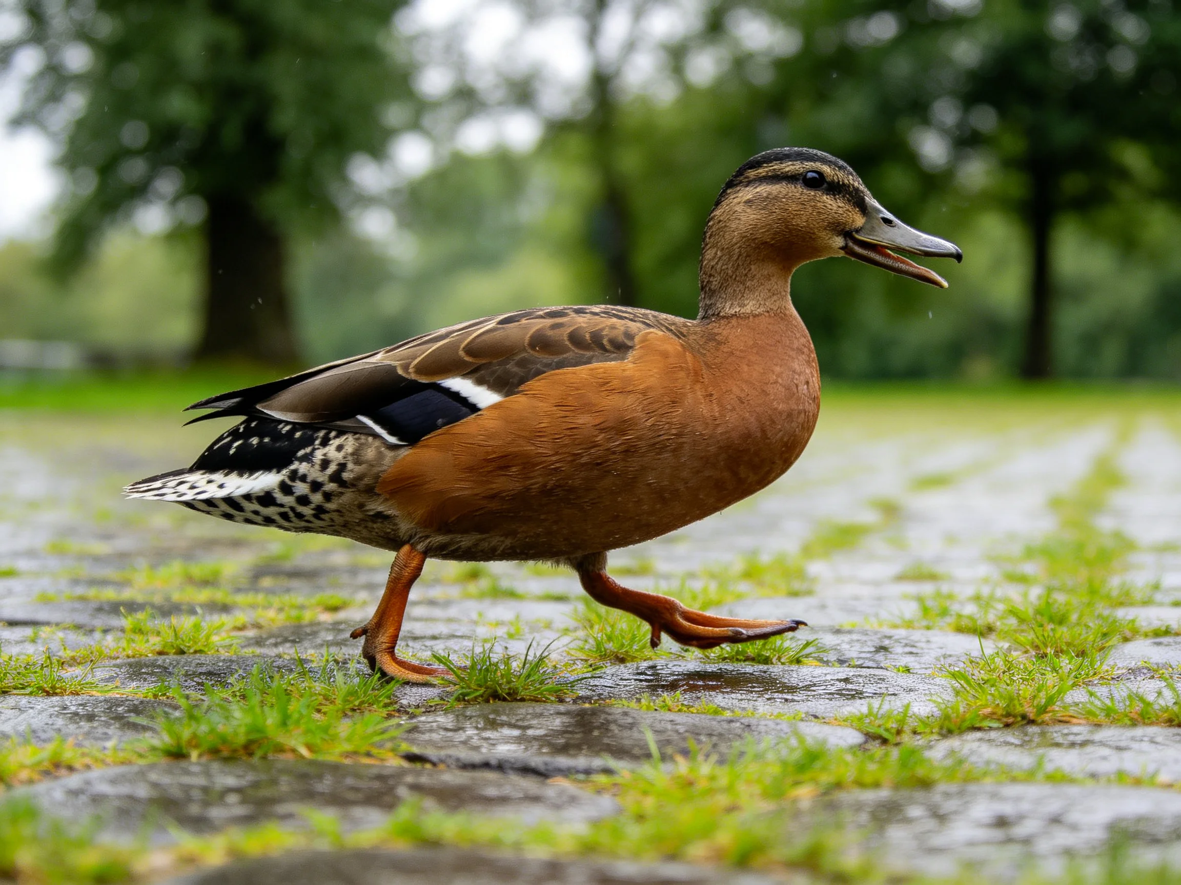 A brown duck with patterned wings walks on wet pavement amid grass patches