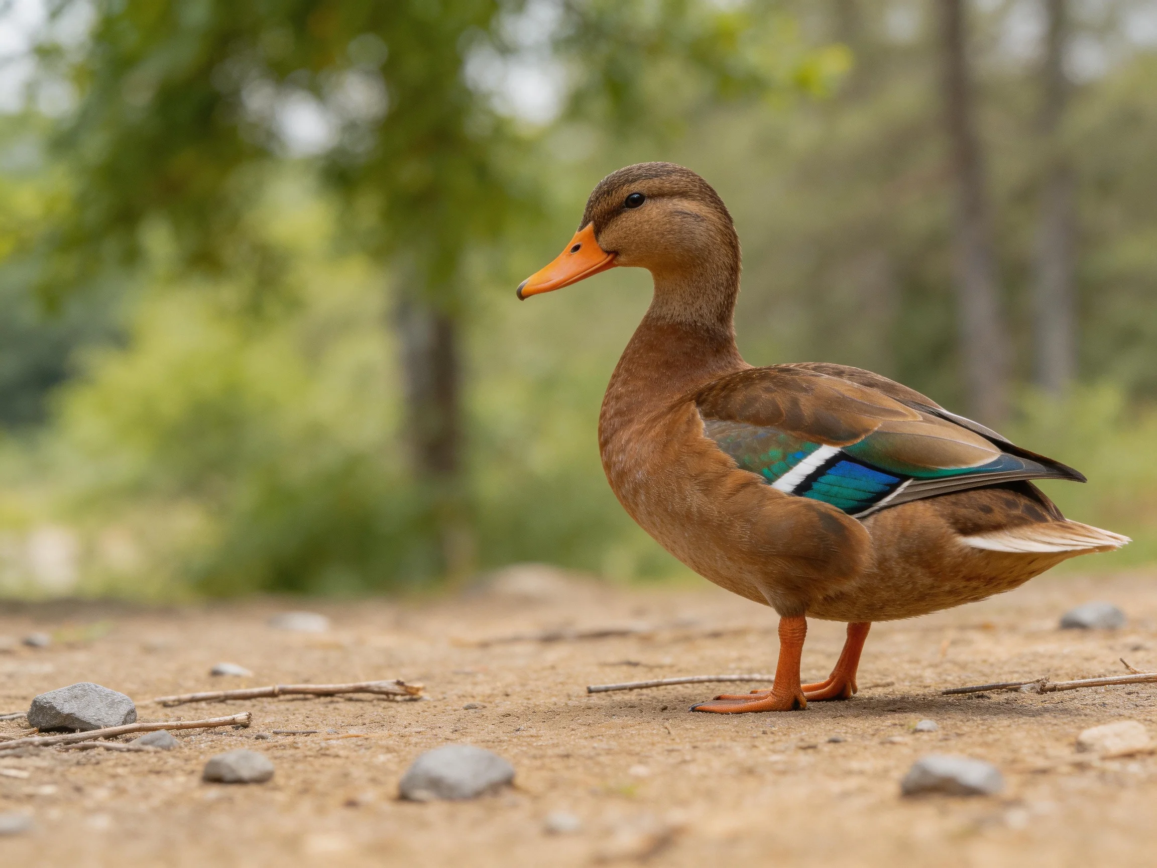 A brown duck with vibrant wing patches stands on a sandy path near greenery