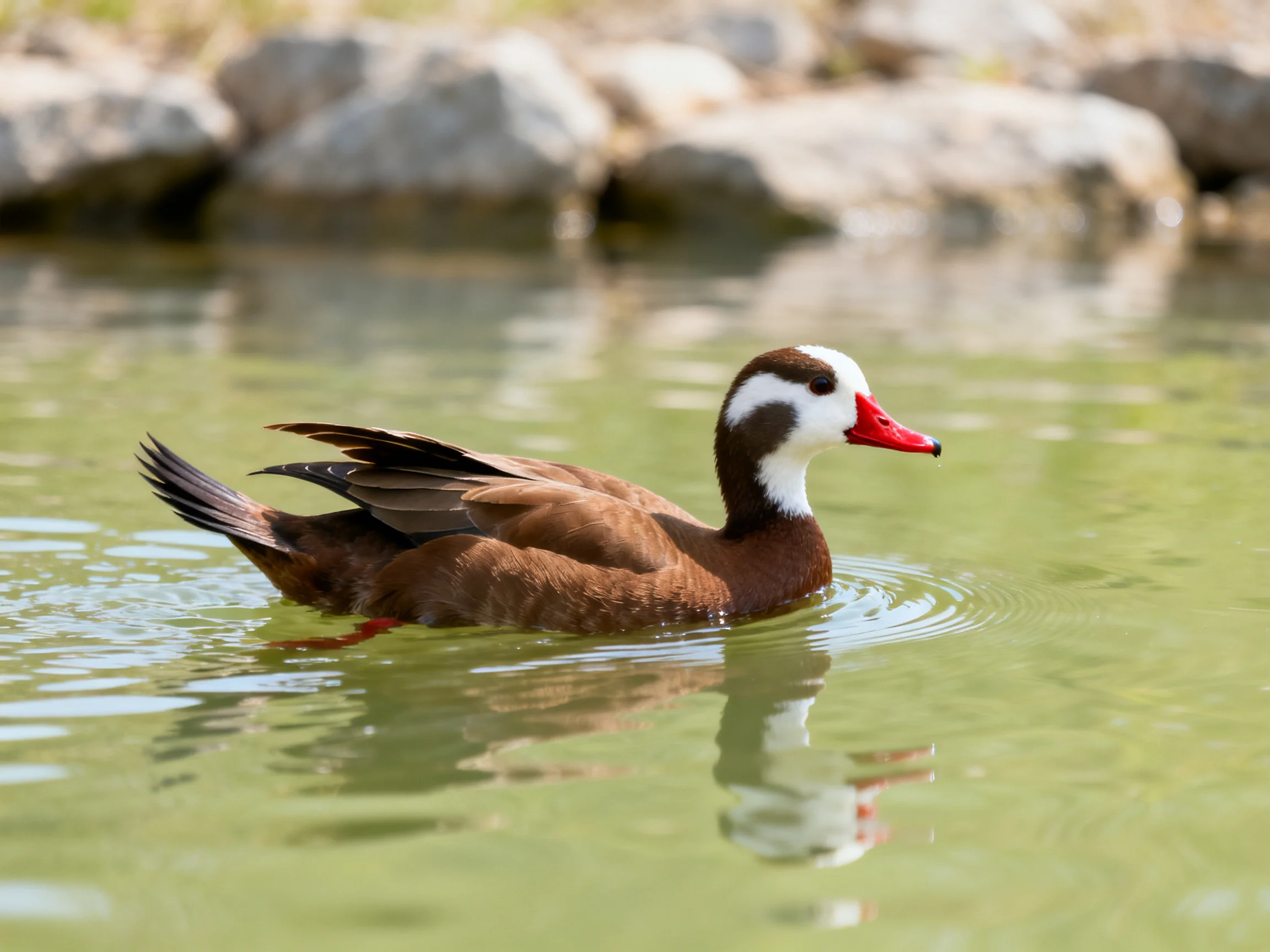 A brown duck with white markings swims in calm green water
