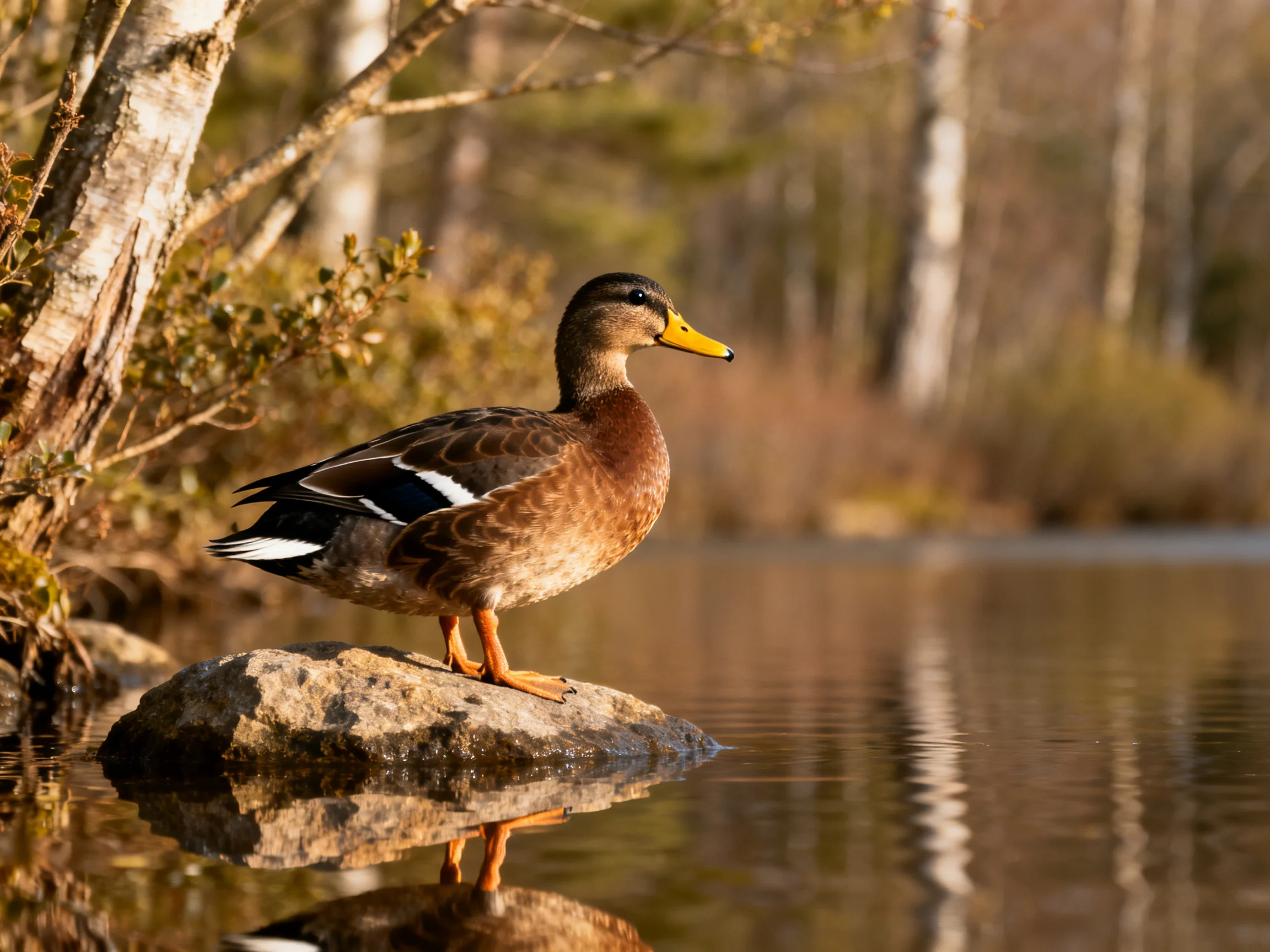A duck stands on a rock by calm water near trees