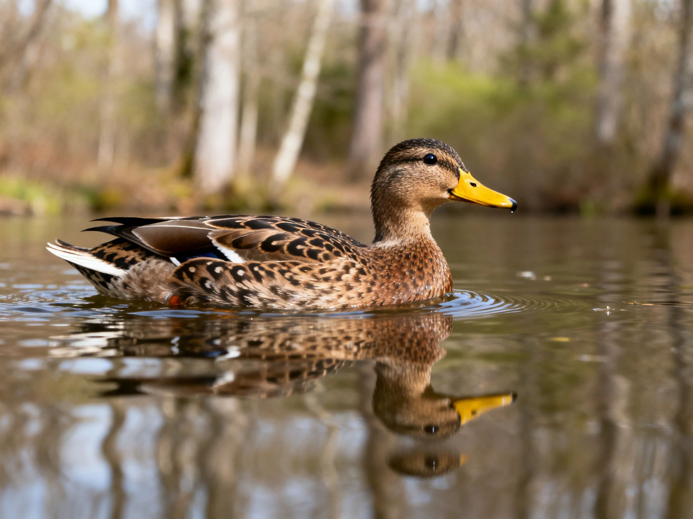 A brown duck with yellow beak swims in calm water reflecting trees