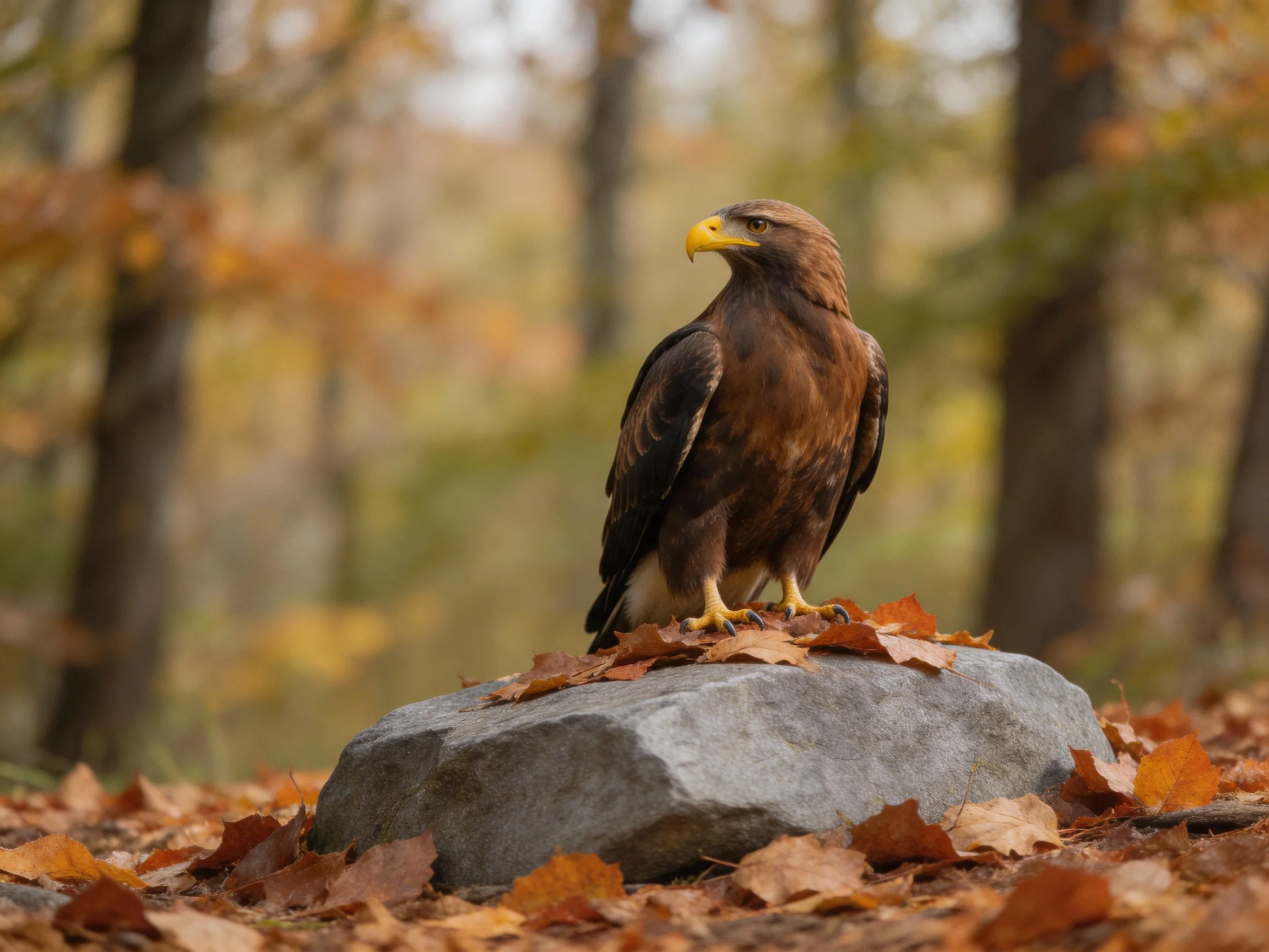 A brown eagle perches on a stone amid autumn foliage