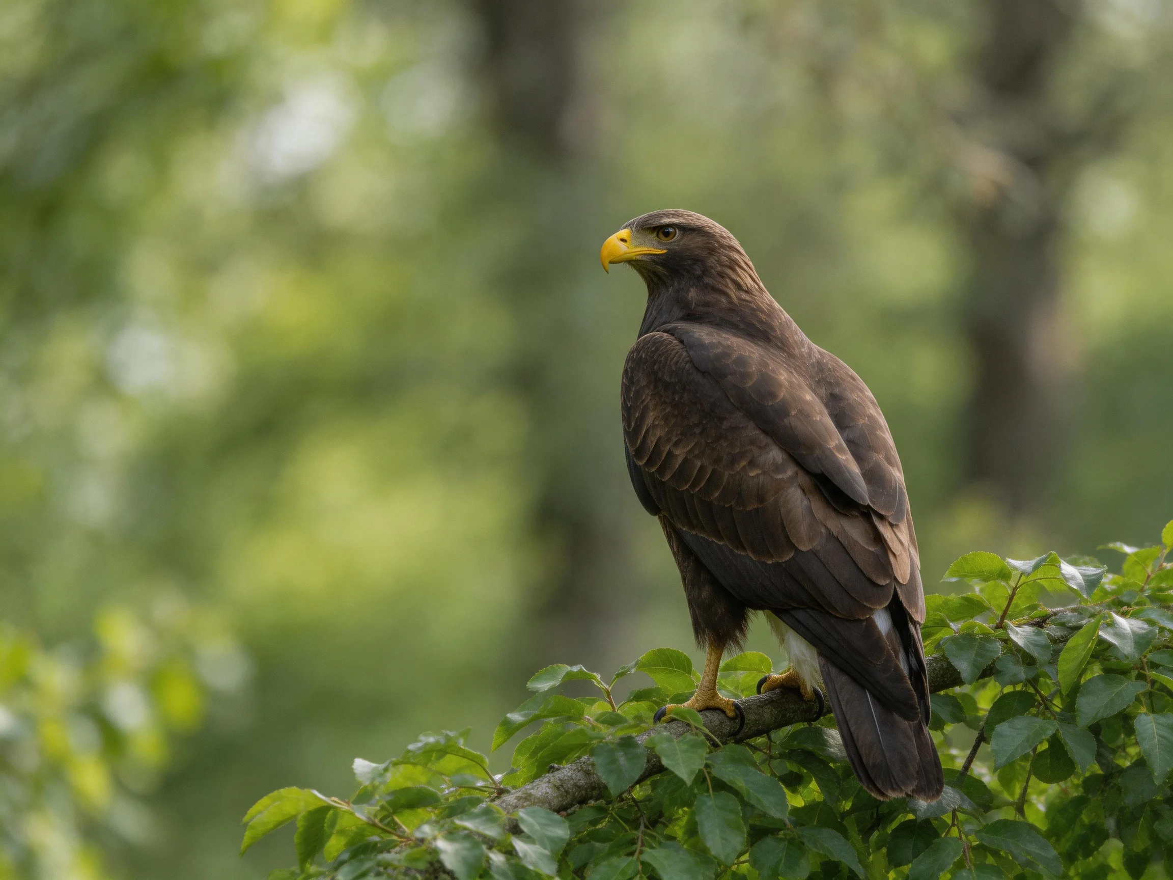 A brown eagle with a yellow beak rests on leafy branches in a forest.