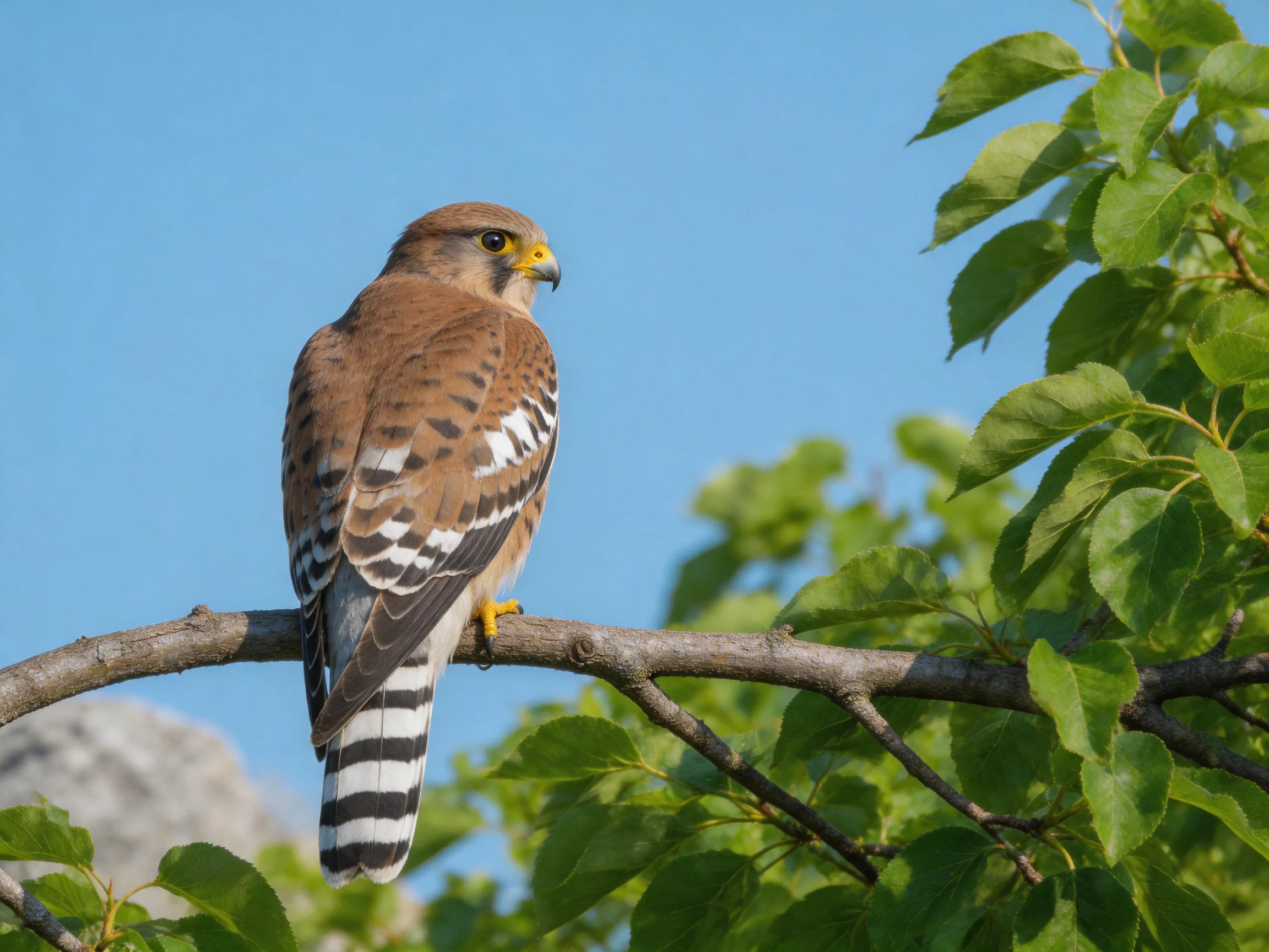 A brown falcon perched on a tree branch with green foliage