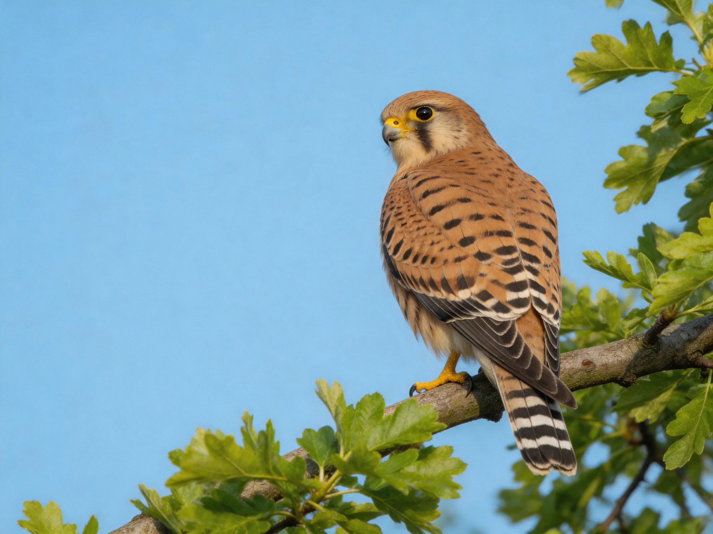 A brown falcon with black markings perches on a tree branch near green leaves