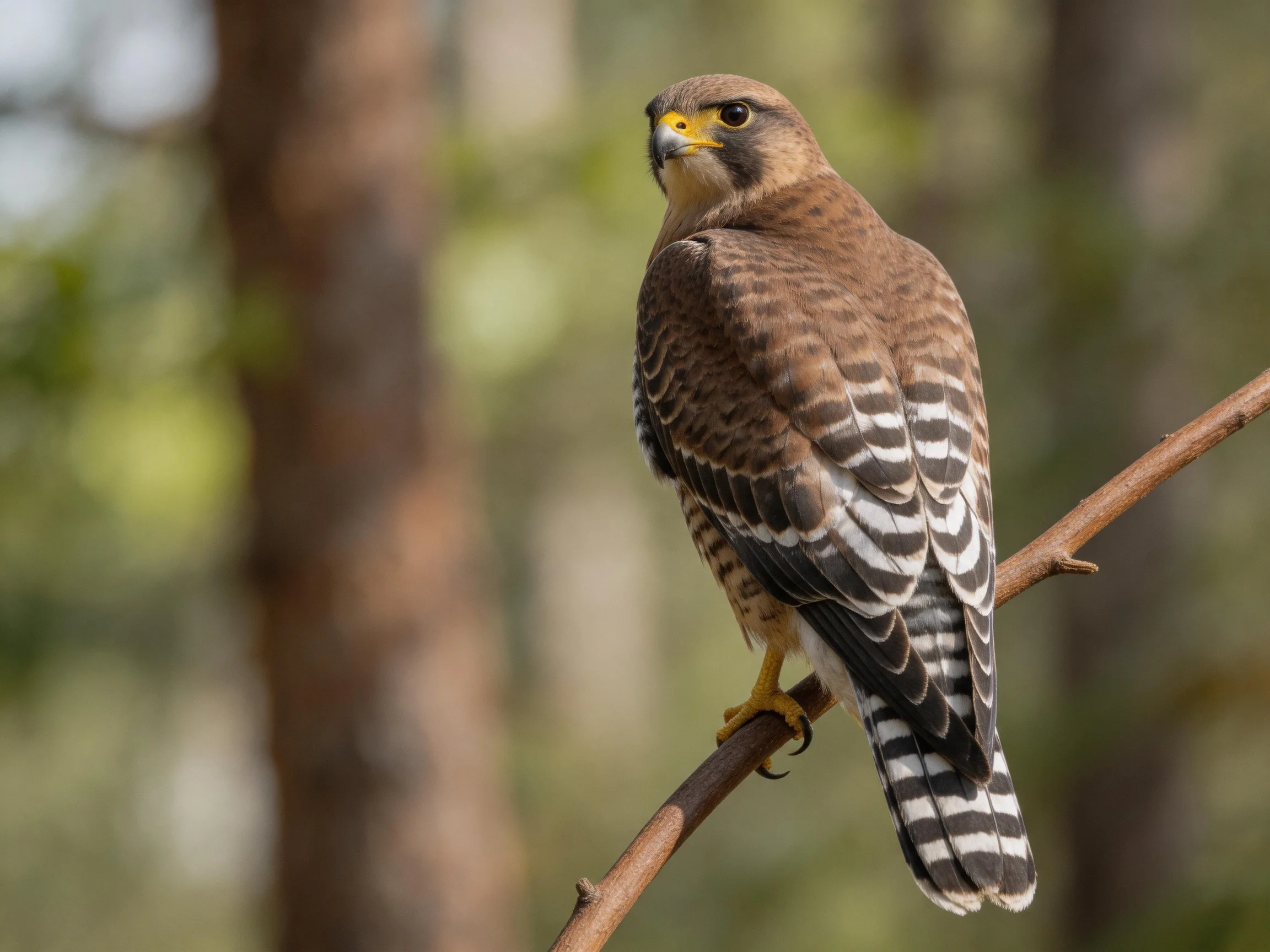 A brown falcon with striped wings perches on a tree branch