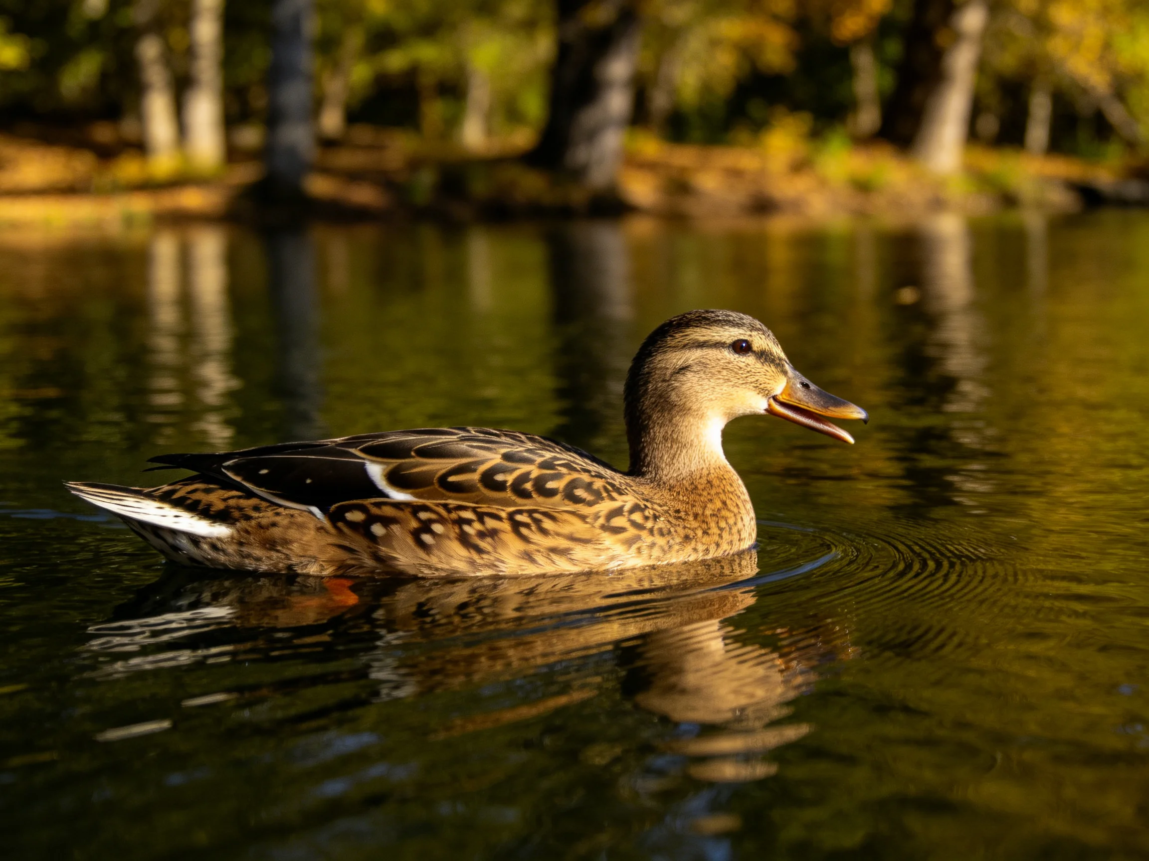 A brown-feathered duck glides on calm water near autumnal trees