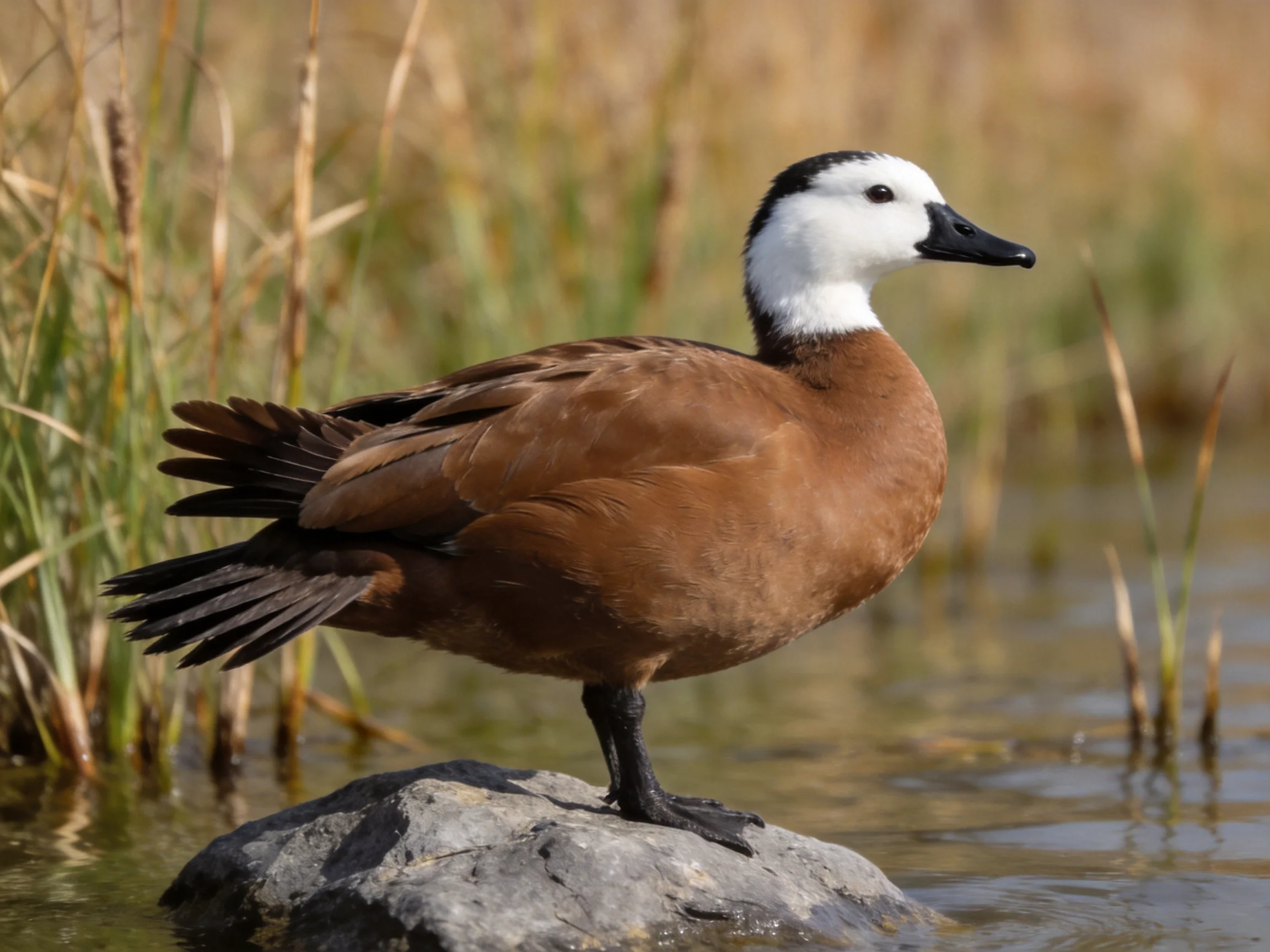 A duck with brown plumage rests on a rock near water