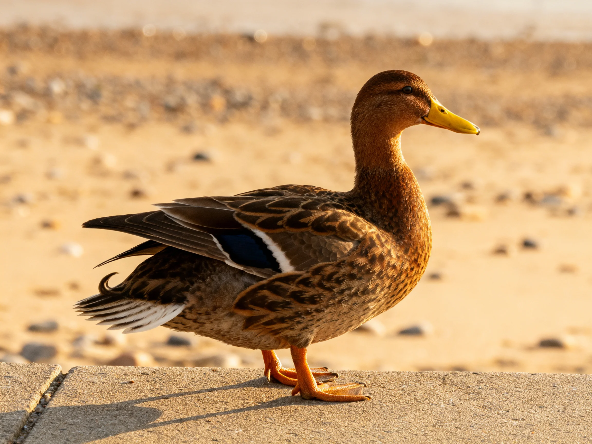 A brown-feathered duck with yellow beak on a concrete ledge near a sandy shore