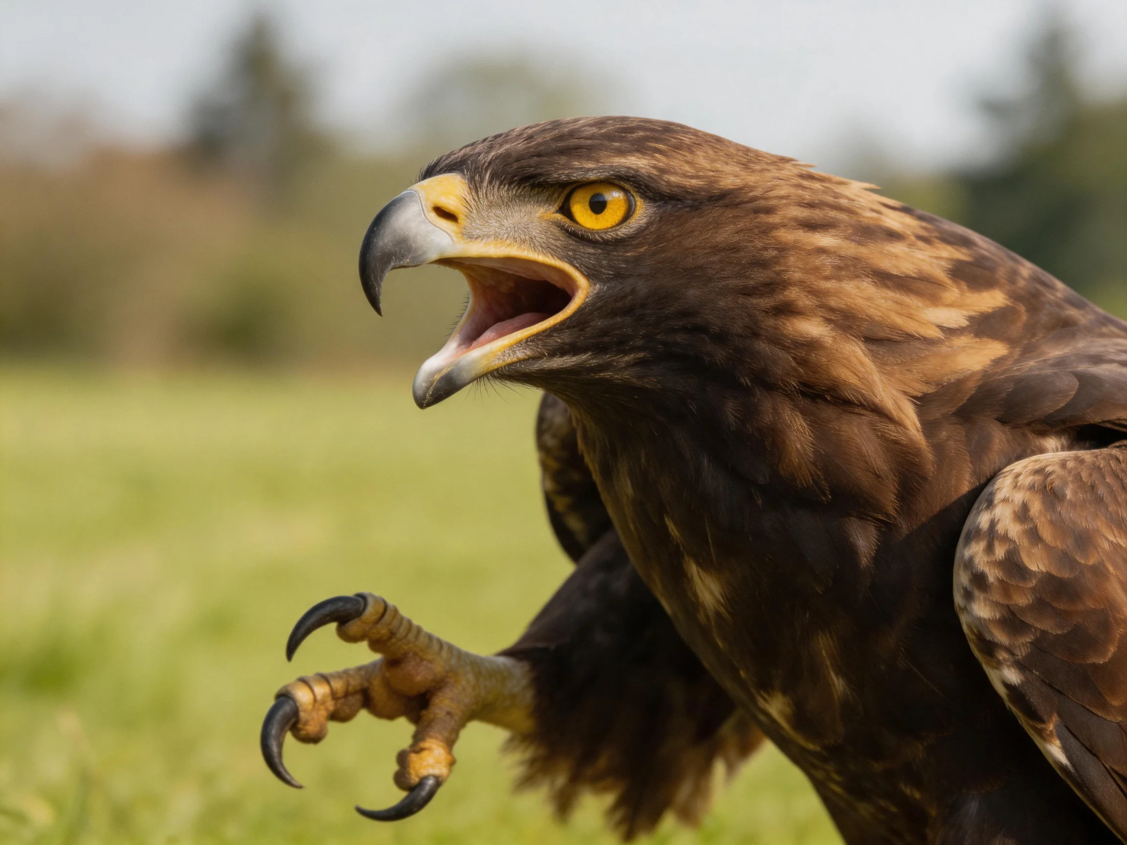 A brown-feathered eagle with sharp talons and open beak in a grassy setting.