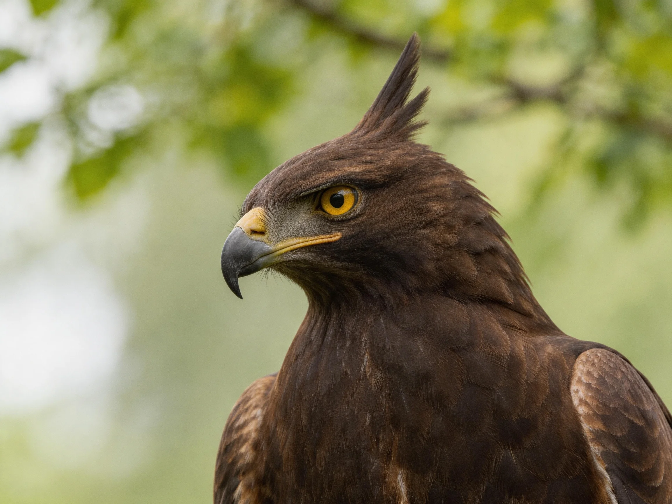 A brown-feathered raptor with bright yellow eyes and a hooked beak